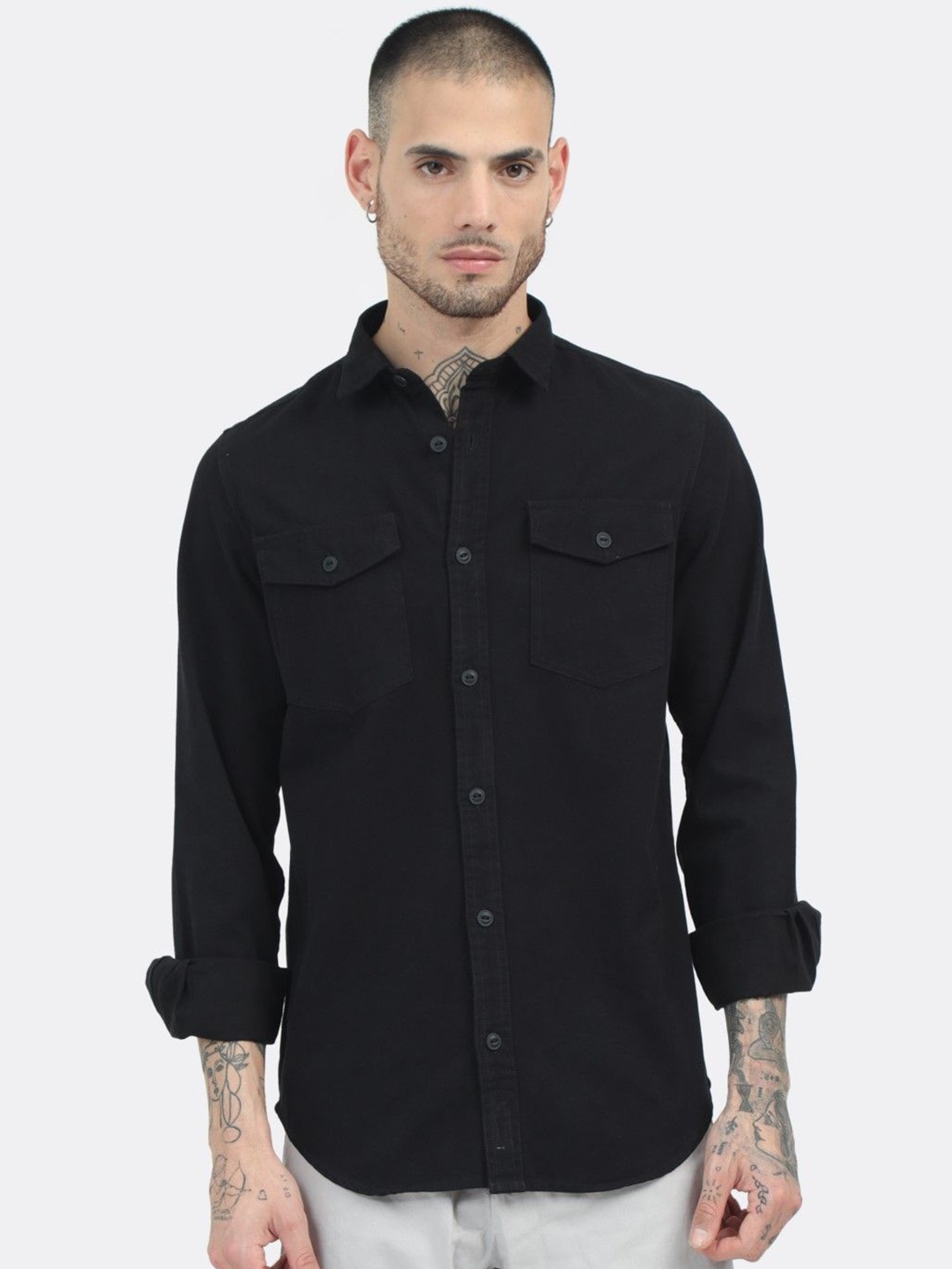 

BADMAASH Spread Collar Slim Fit Cotton Casual Shirt, Black