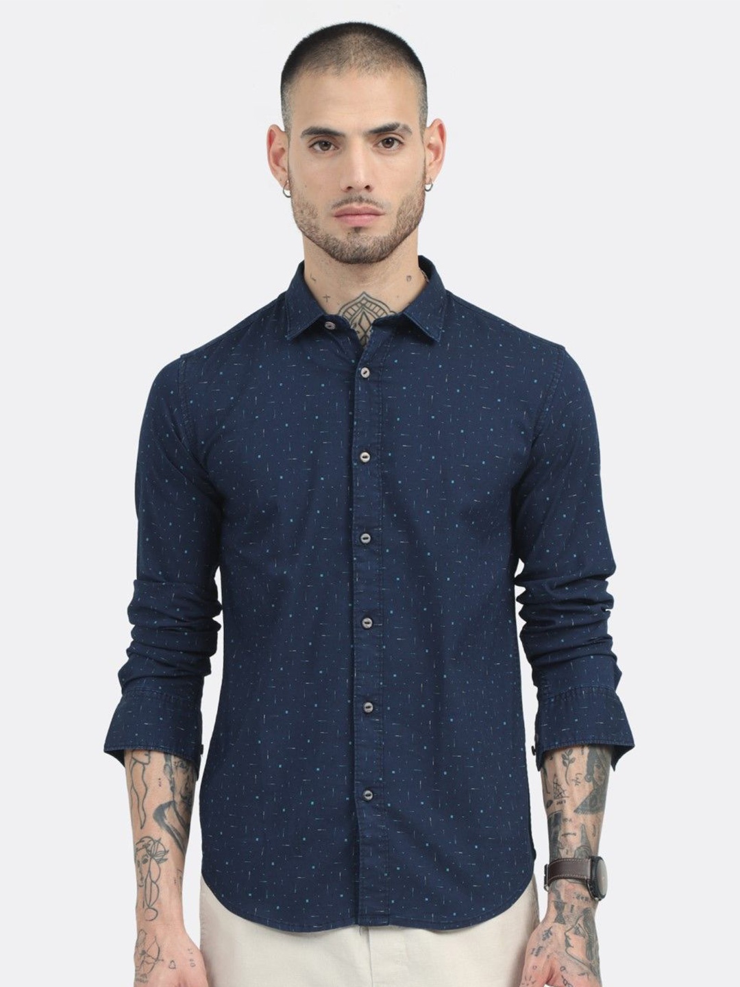 

BADMAASH Spread Collar Slim Fit Cotton Printed Casual Shirt, Navy blue