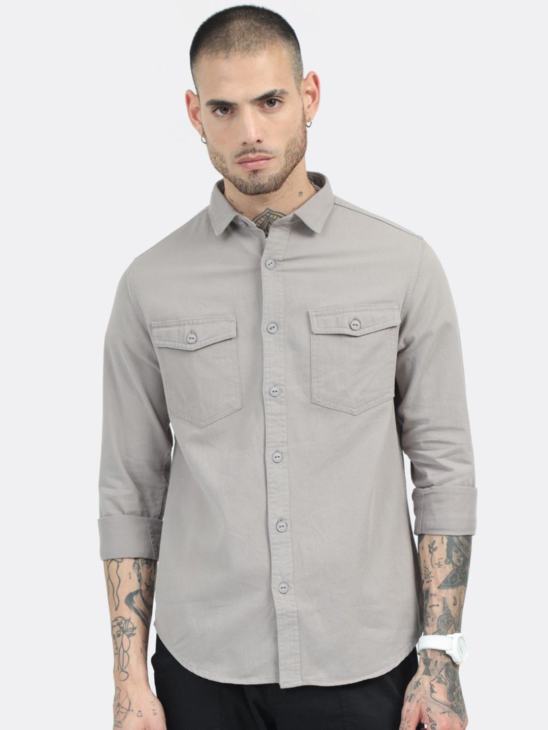 

BADMAASH Slim Fit Opaque Cotton Casual Shirt, Grey