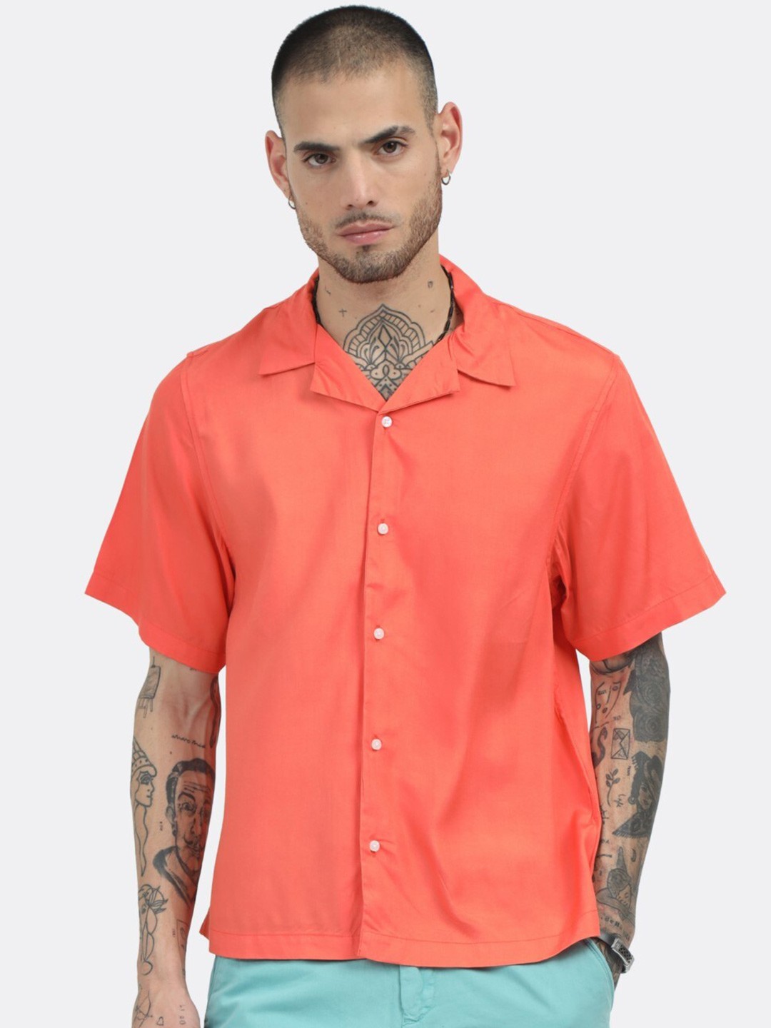 

BADMAASH Cuban Collar Slim Fit Casual Shirt, Coral