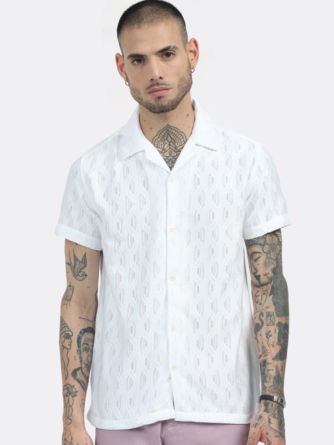

BADMAASH Slim Fit Floral Opaque Cotton Casual Shirt, White