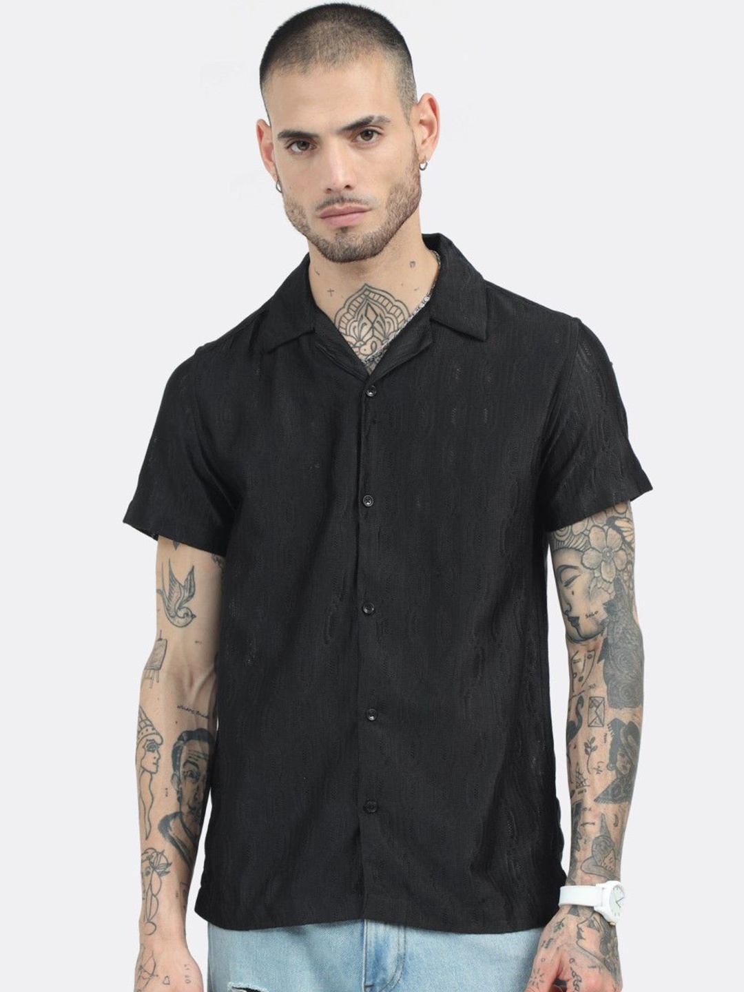 

BADMAASH Slim Fit Club Collar Opaque Cotton Casual Shirt, Black