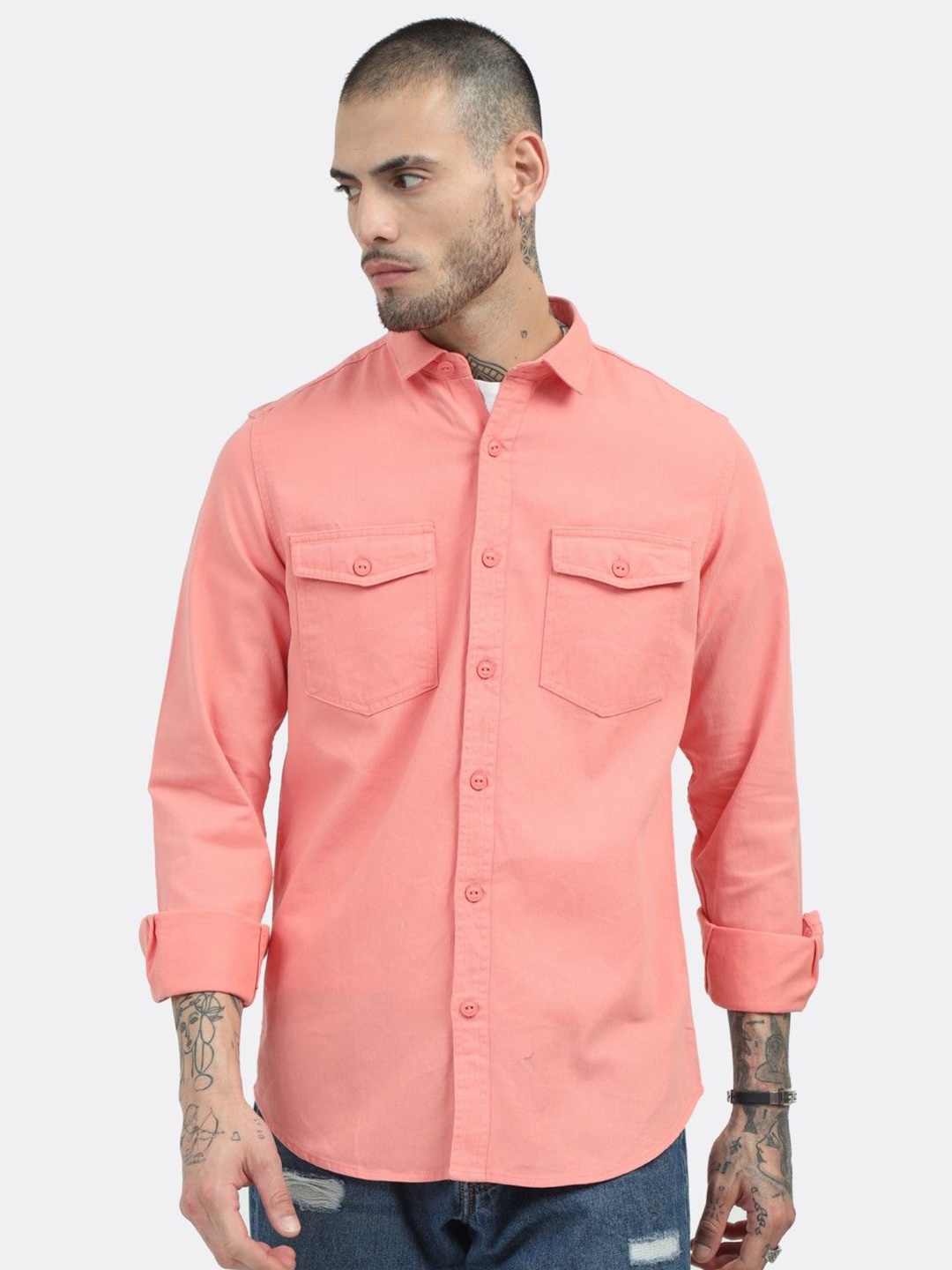 

BADMAASH Slim Fit Opaque Cotton Casual Shirt, Peach