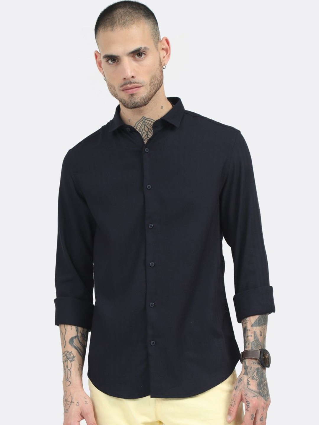 

BADMAASH Spread Collar Slim Fit Cotton Casual Shirt, Navy blue