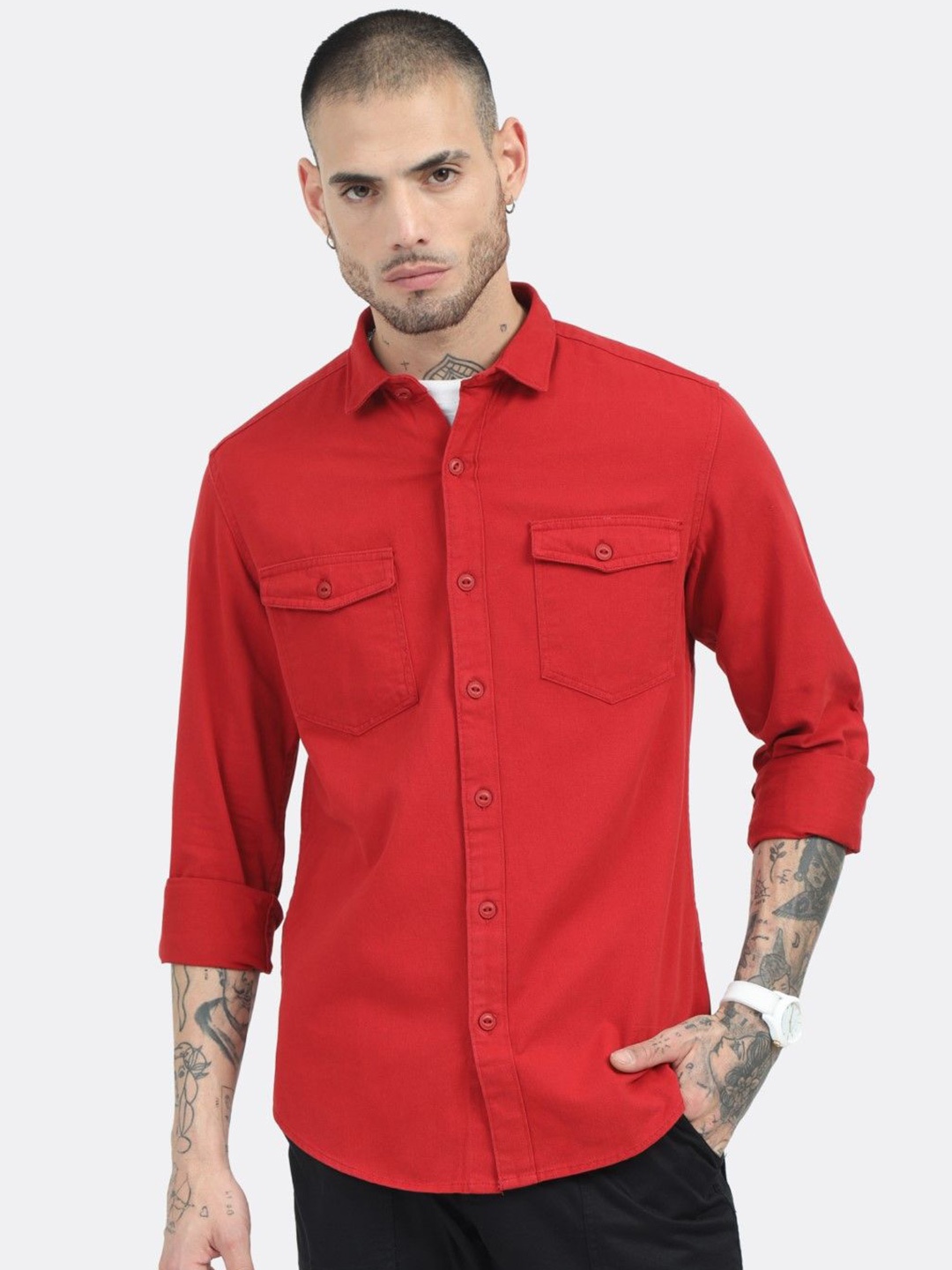 

BADMAASH Spread Collar Slim Fit Cotton Casual Shirt, Red