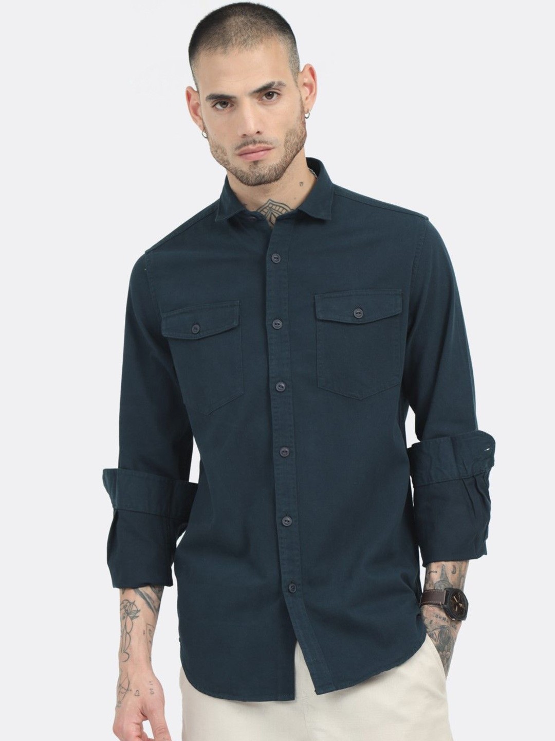 

BADMAASH Club Collar Slim Fit Cotton Casual Shirt, Blue