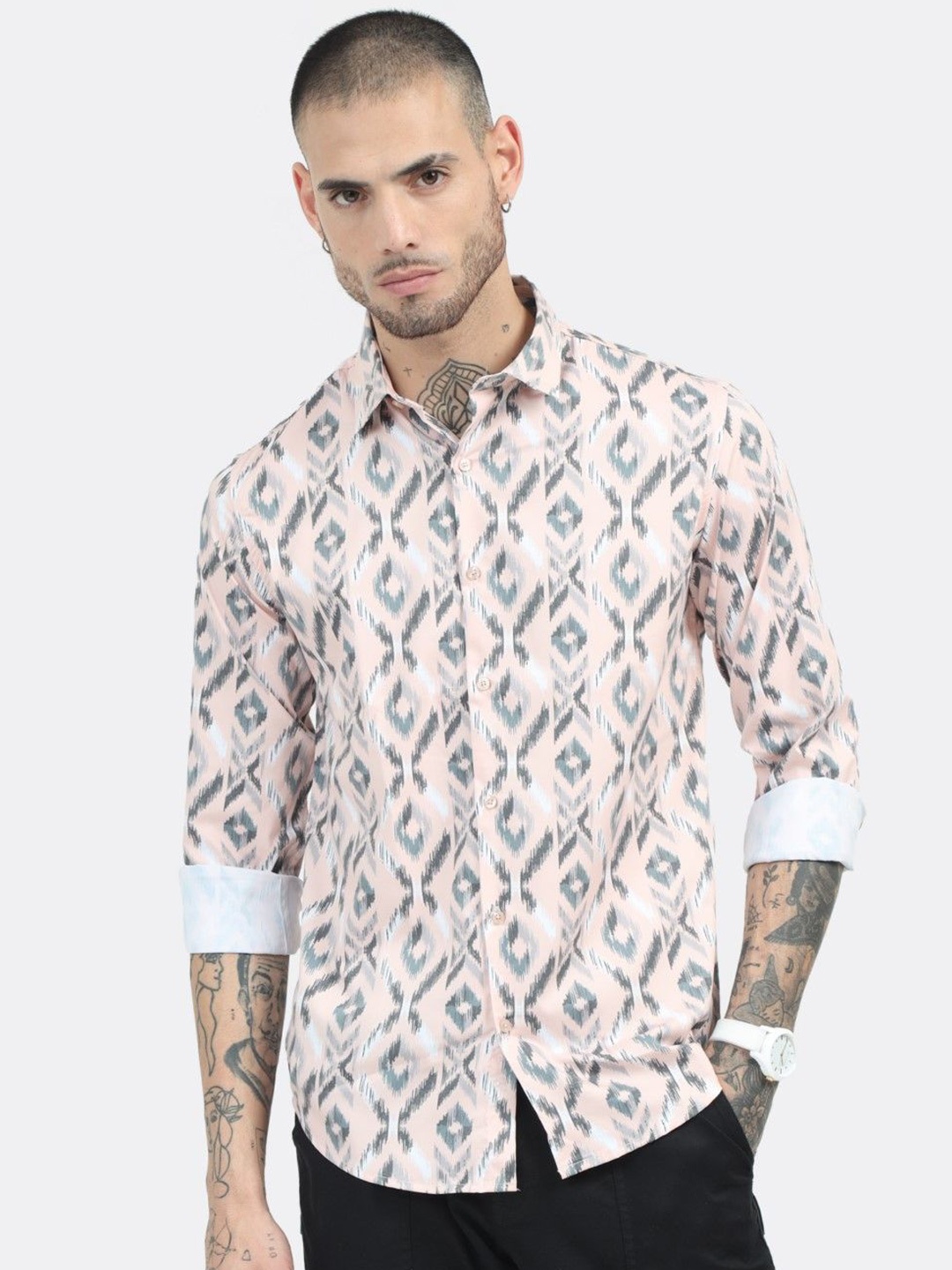 

BADMAASH Slim Fit Graphic Opaque Printed Casual Shirt, Peach