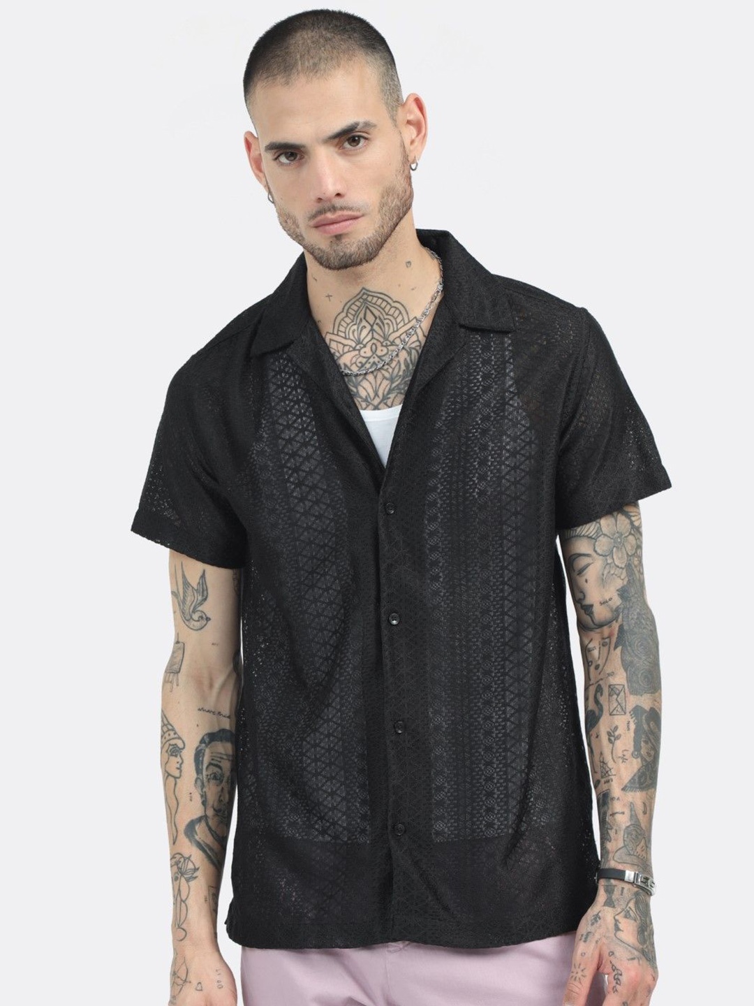 

BADMAASH Slim Fit Geometric Semi Sheer Printed Cotton Casual Shirt, Black