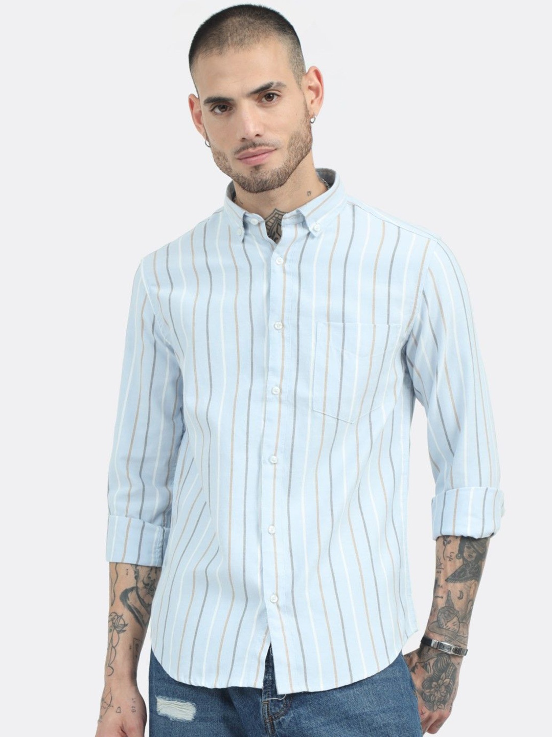 

BADMAASH Slim Fit Opaque Striped Cotton Casual Shirt, Blue
