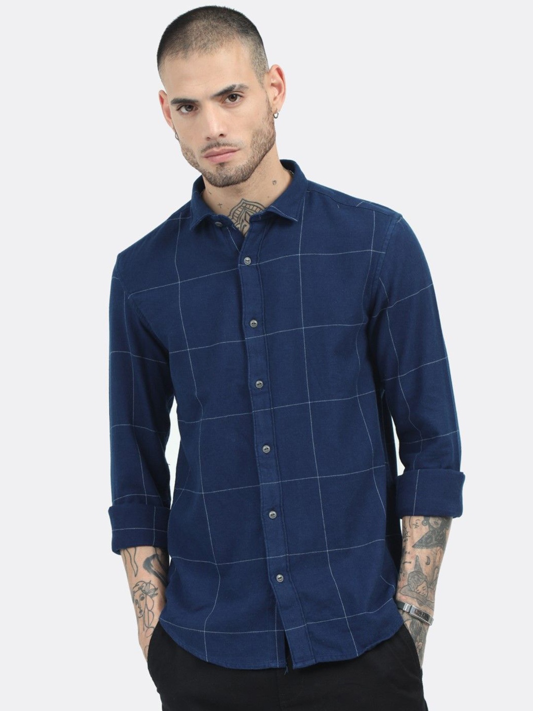 

BADMAASH Slim Fit Windowpane Checks Opaque Checked Cotton Casual Shirt, Blue