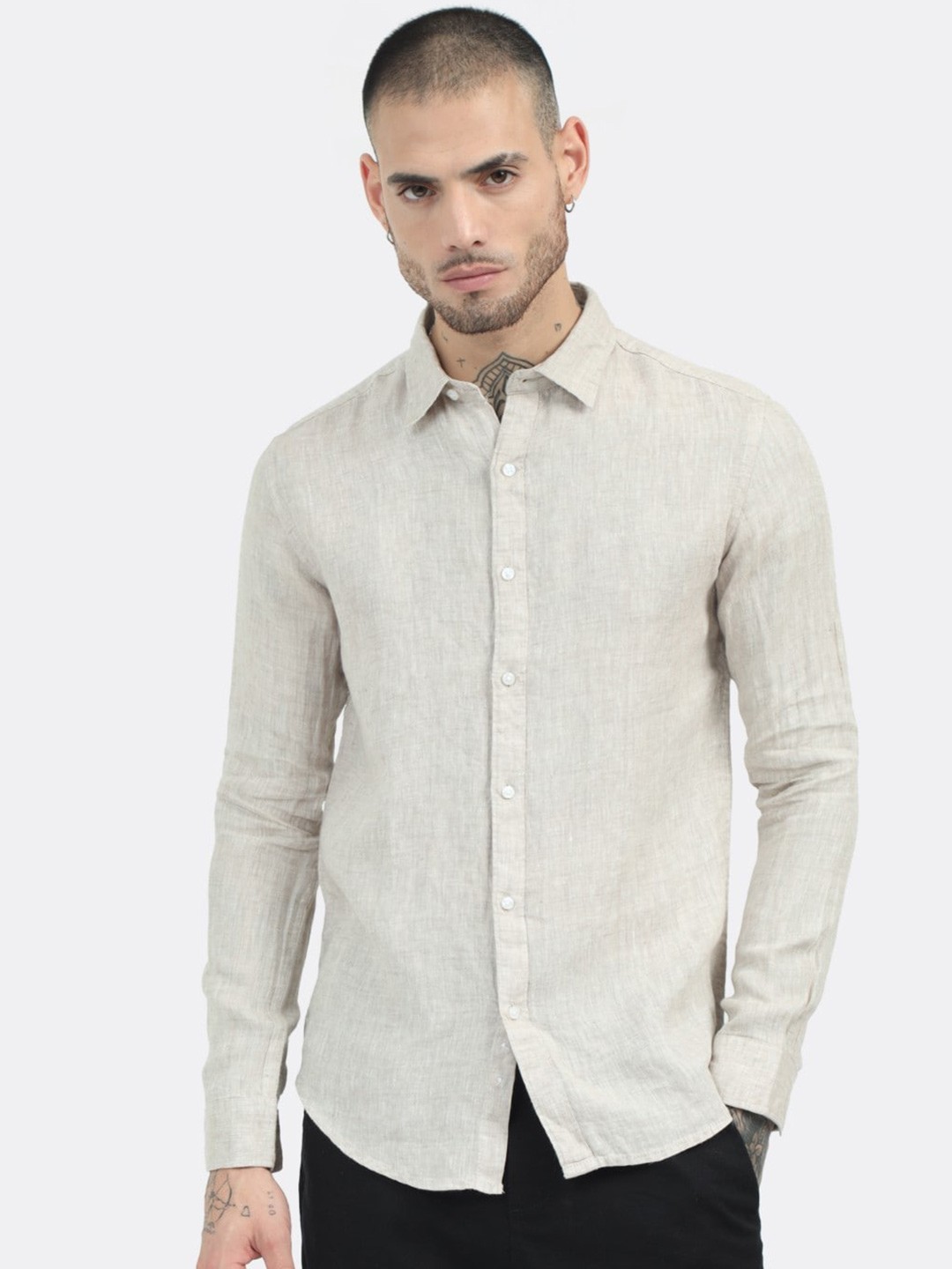 

BADMAASH Slim Fit Opaque Casual Shirt, Beige