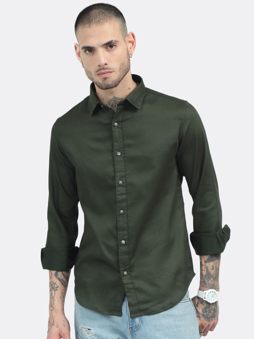 

BADMAASH Slim Fit Opaque Cotton Casual Shirt, Green
