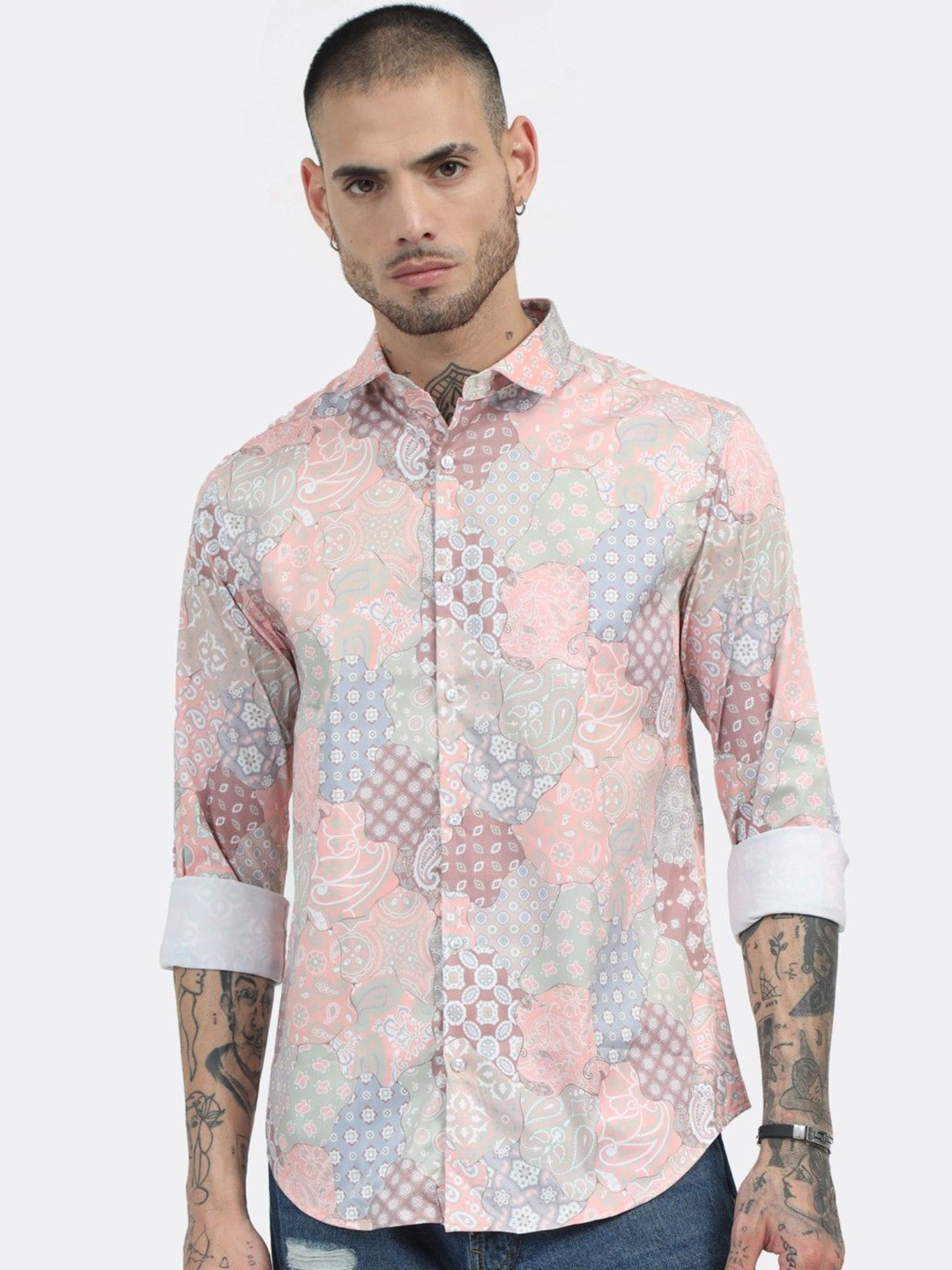 

BADMAASH Slim Fit Floral Opaque Printed Cotton Casual Shirt, Peach