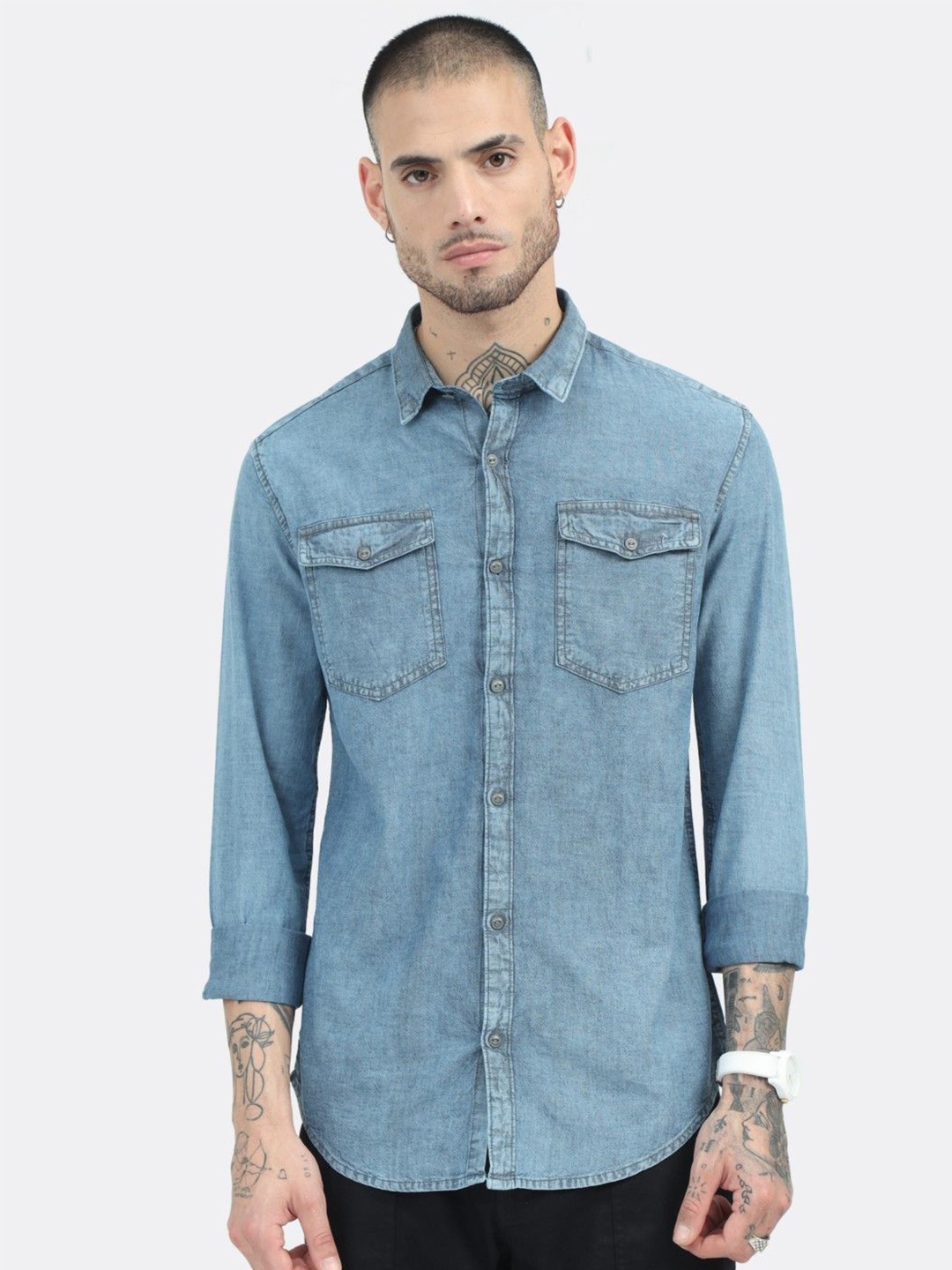 

BADMAASH Slim Fit Opaque Cotton Casual Shirt, Blue