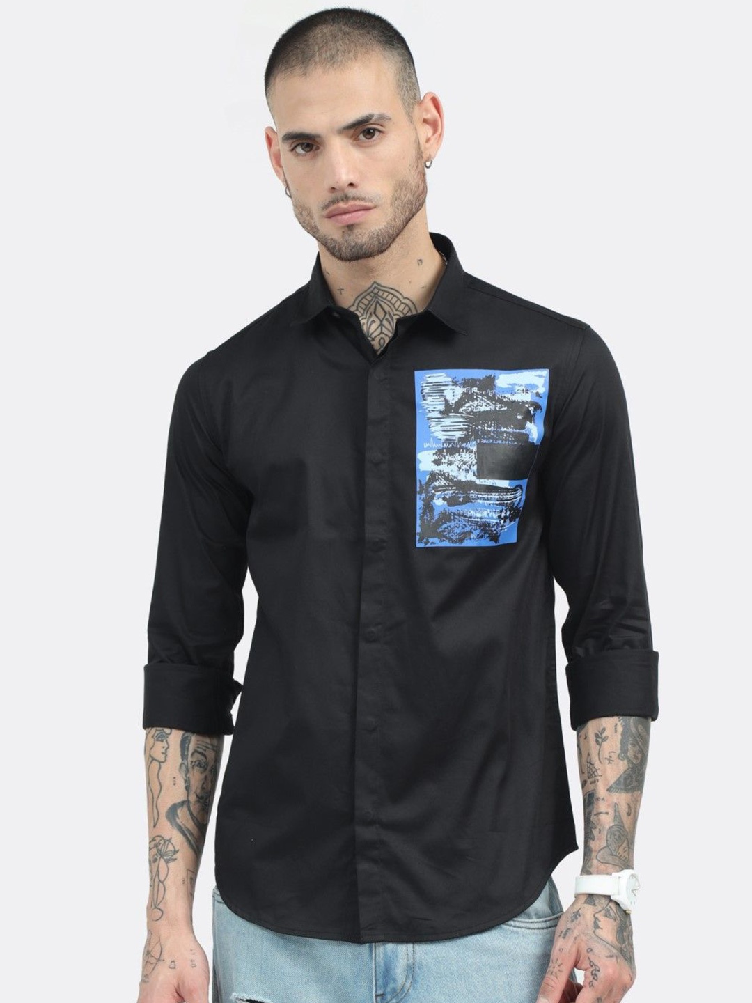 

BADMAASH Slim Fit Graphic Opaque Printed Cotton Casual Shirt, Black