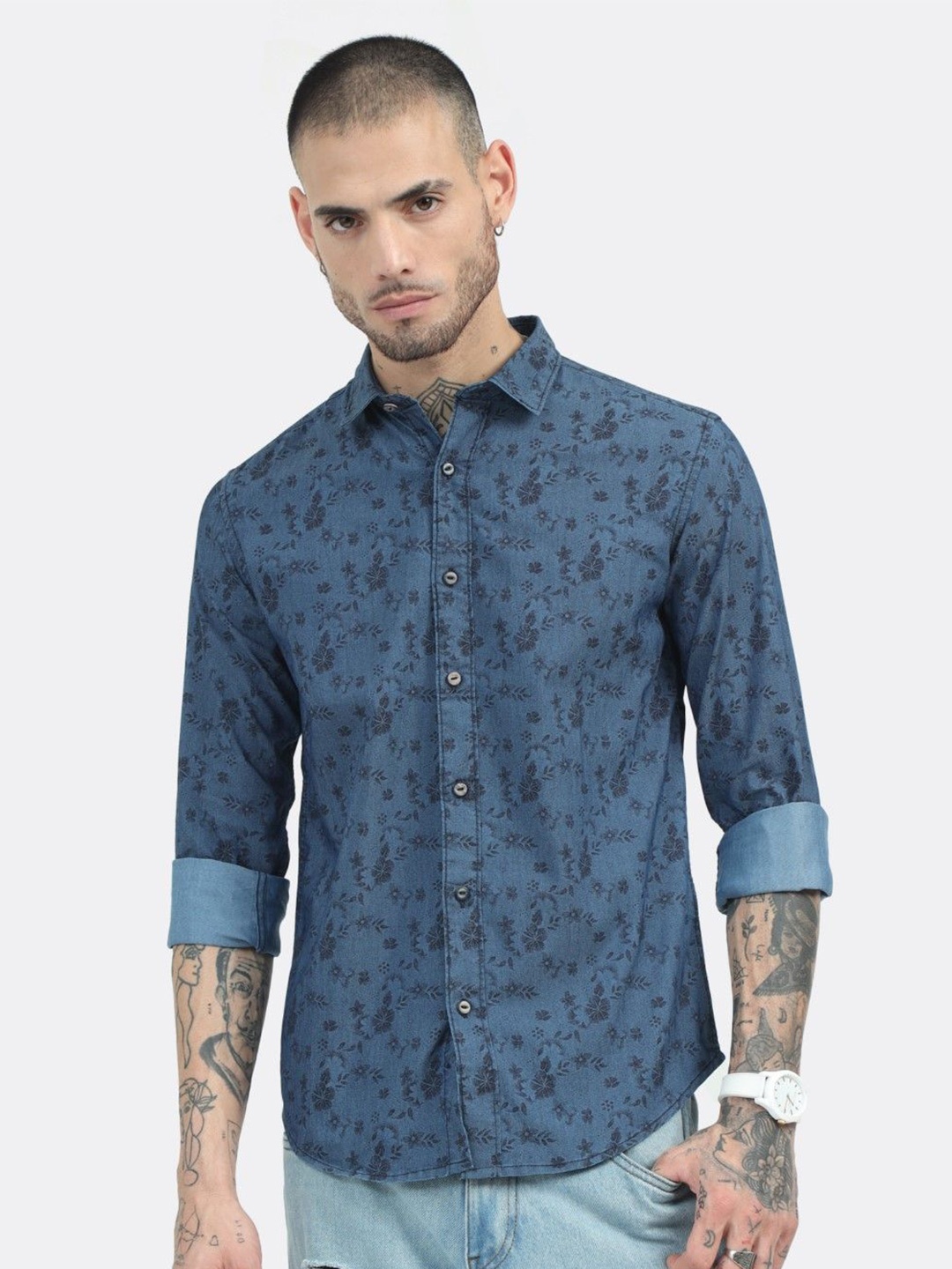 

BADMAASH Spread Collar Slim Fit Floral Printed Cotton Casual Shirt, Navy blue