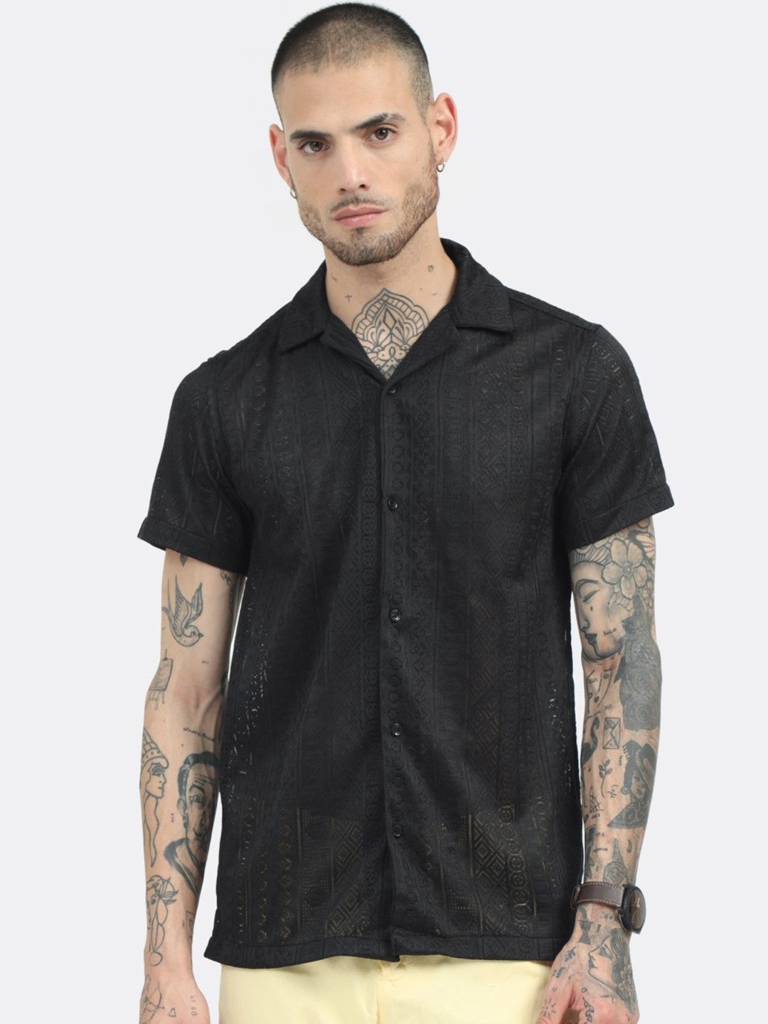 

BADMAASH Cuban Collar Slim Fit Cotton Casual Shirt, Black