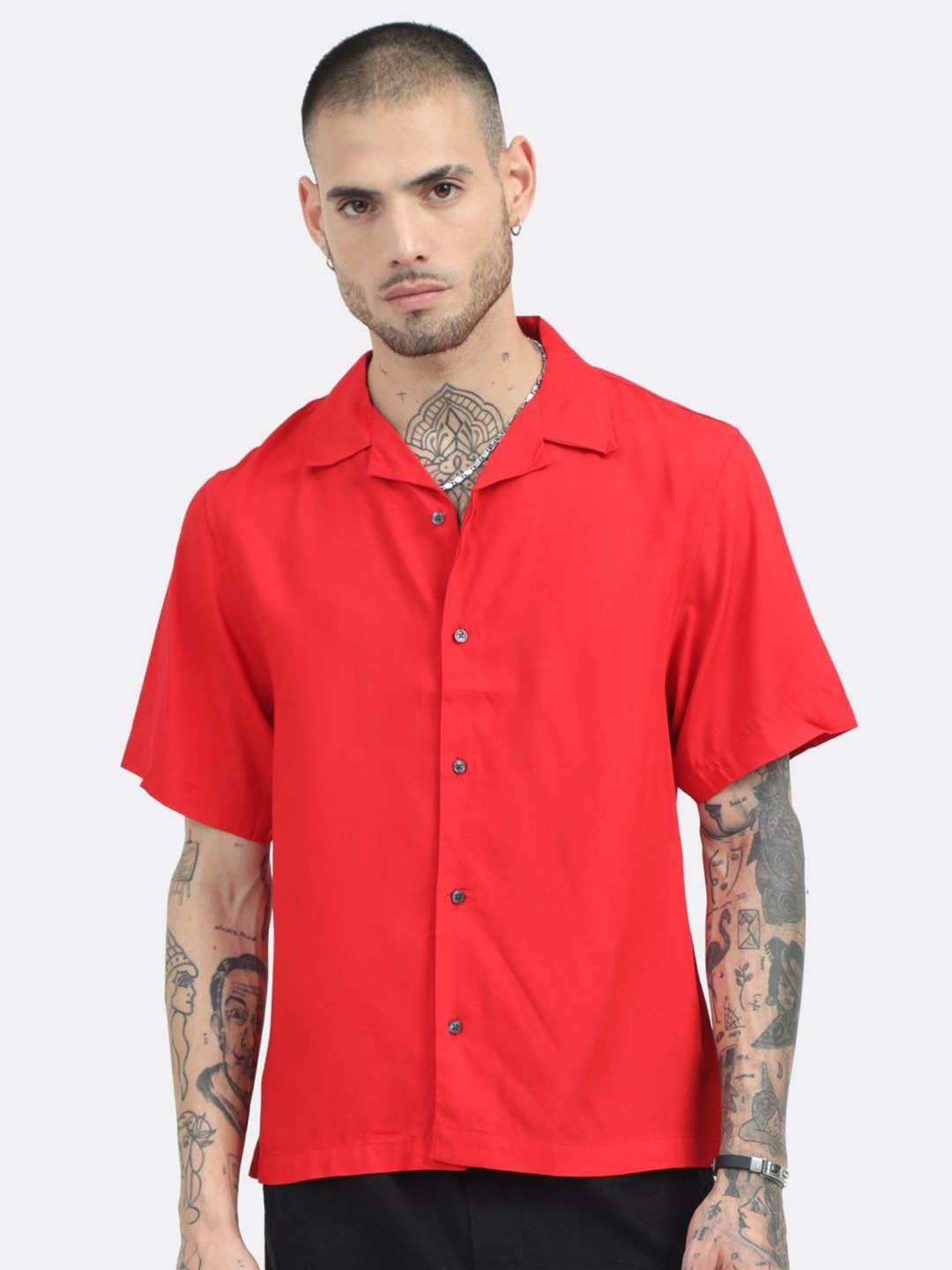 

BADMAASH Cuban Collar Slim Fit Casual Shirt, Red