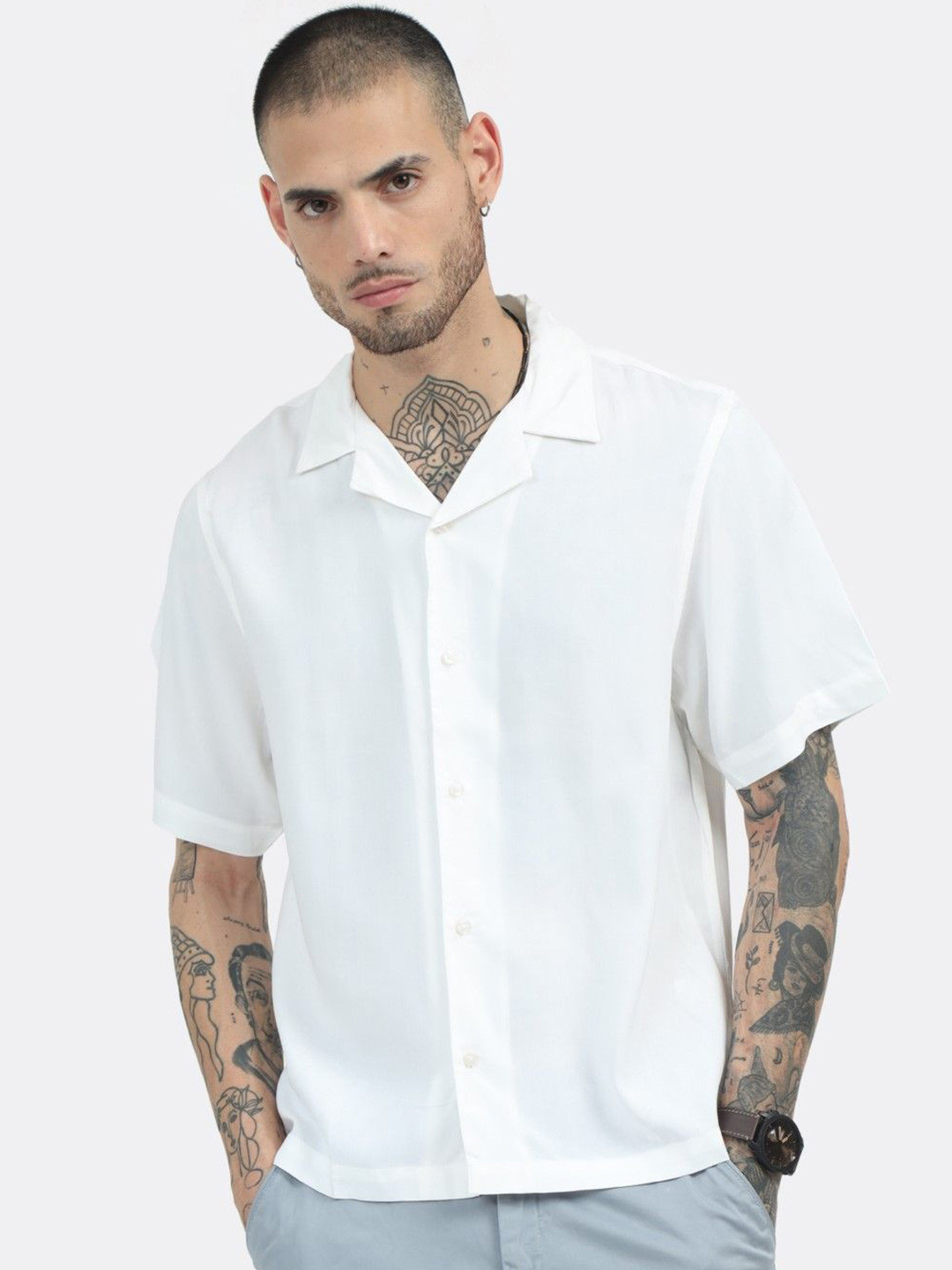 

BADMAASH Cuban Collar Slim Fit Casual Shirt, White
