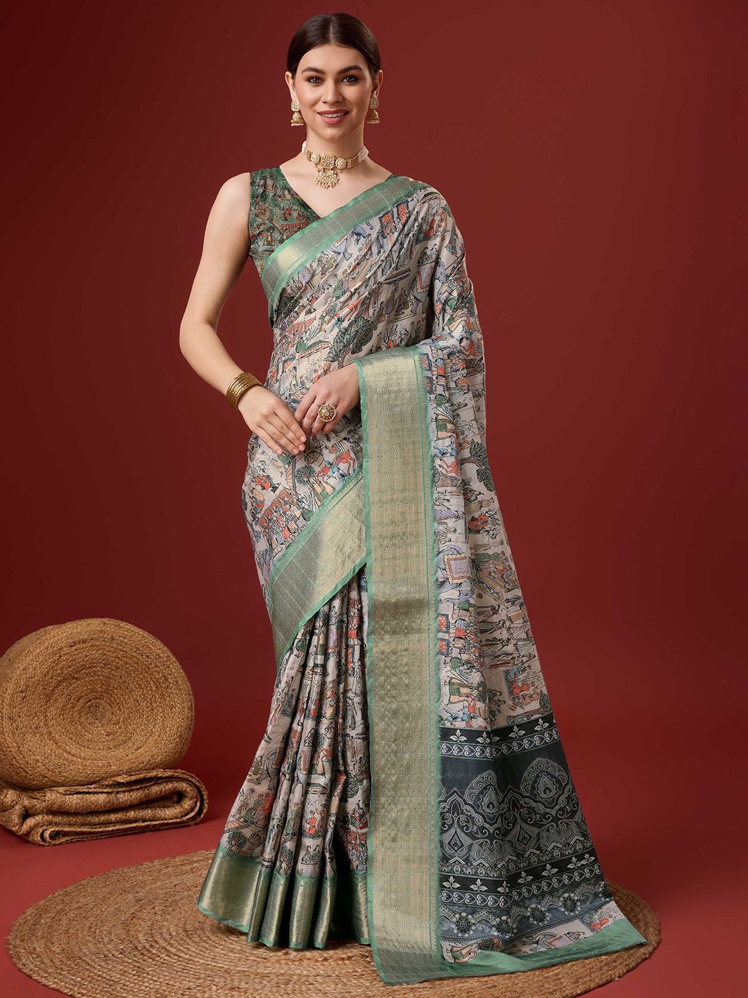 

Panzora Ethnic Motifs Woven Design Zari Saree With Blouse Piece, Green