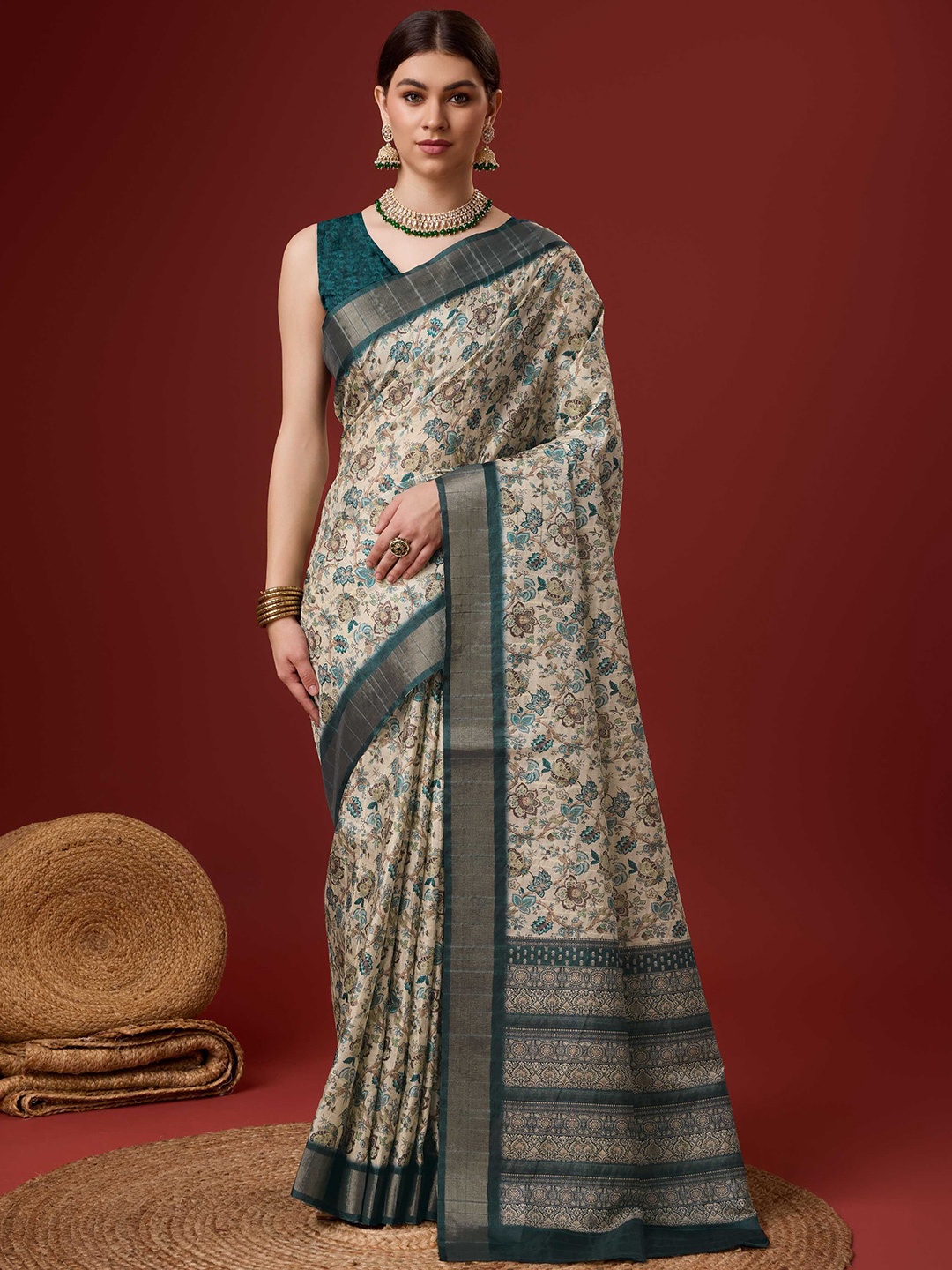 

Panzora Ethnic Motifs Zari Saree, Teal