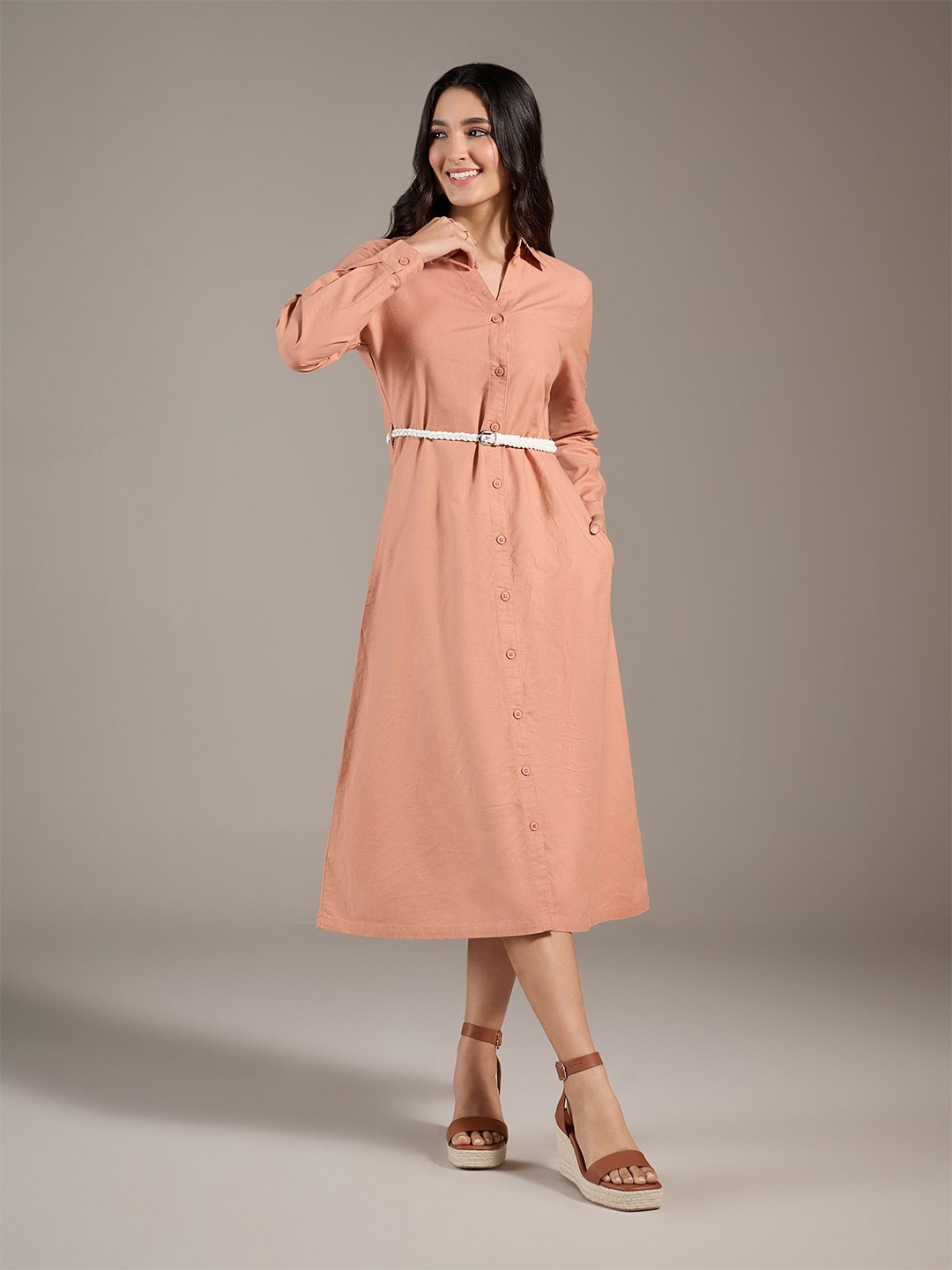 

20Dresses Orange Long Cuffed Sleeves Linen Shirt Midi Dress With Belt, Beige