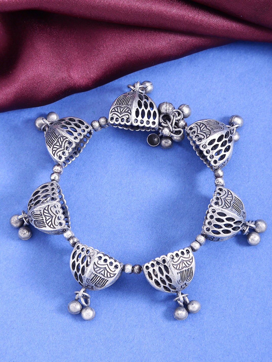 

Yellow Chimes Silver-Plated Oxidized Boho Latkan Jhumki Bangle