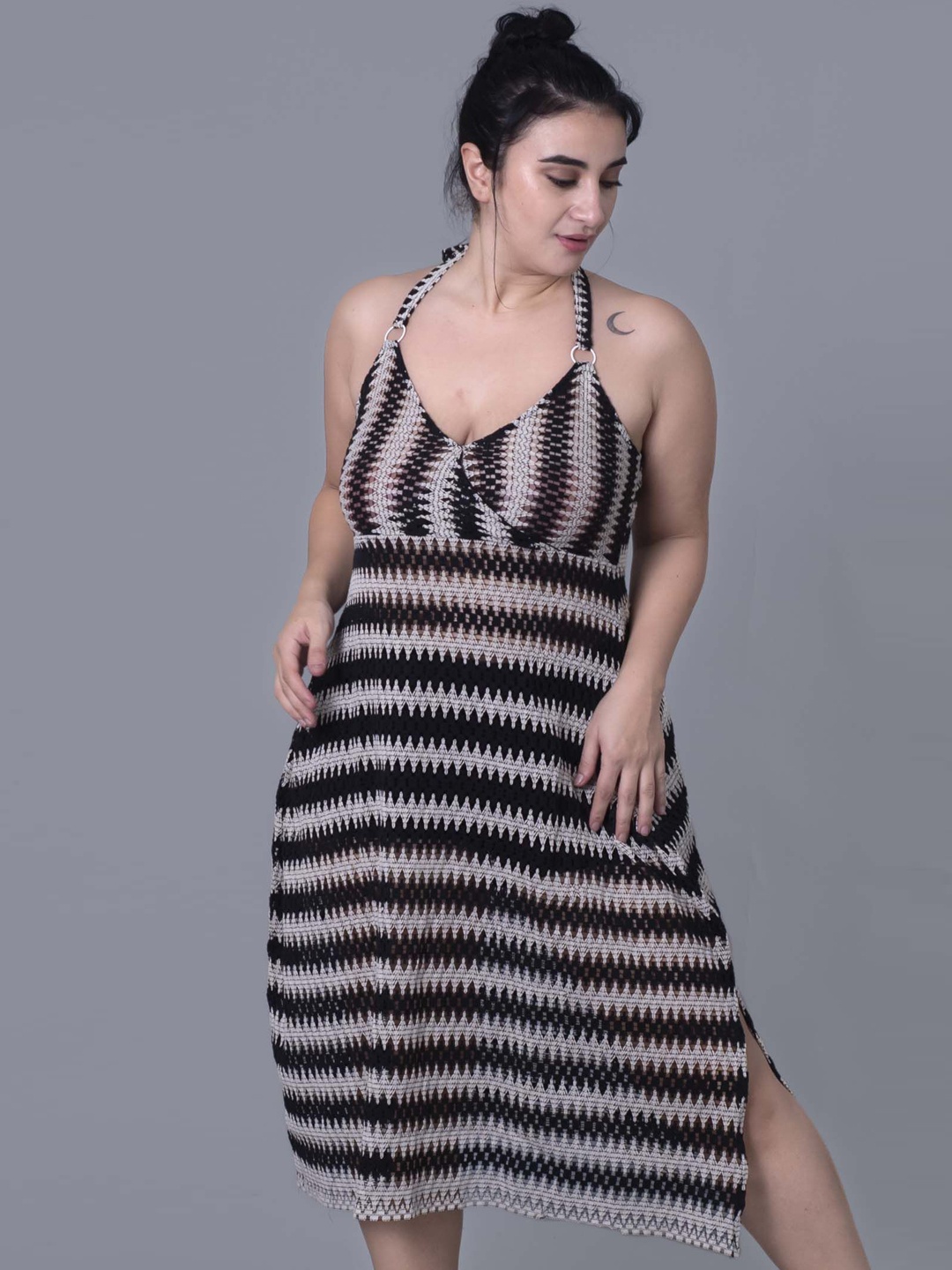 

Keepfit Striped Halter Neck Swim Cover Up Top, Black