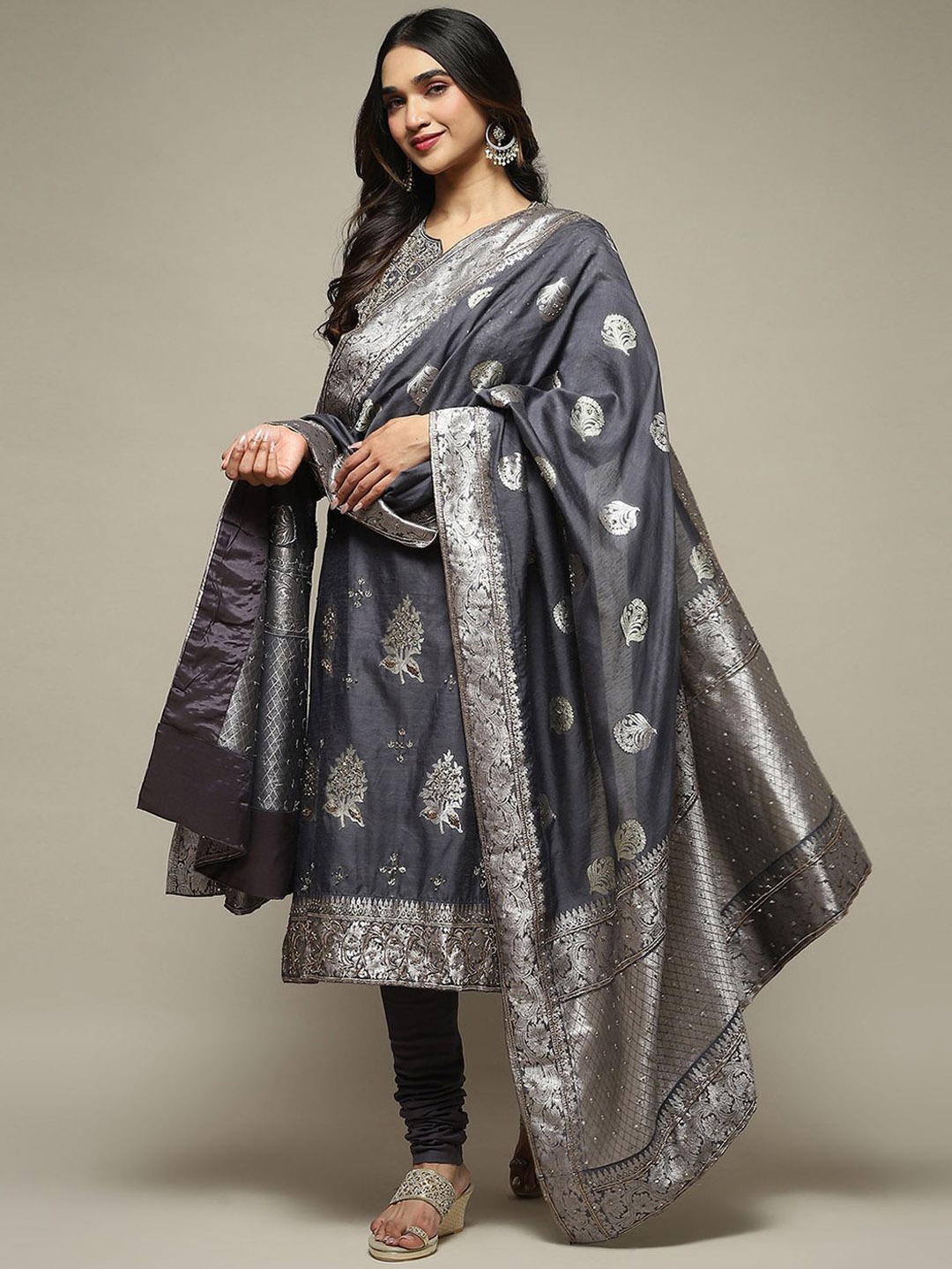 

Biba Women Ethnic Motifs Embroidered Regular Beads and Stones Kurta with Churidar & With Dupatta, Grey