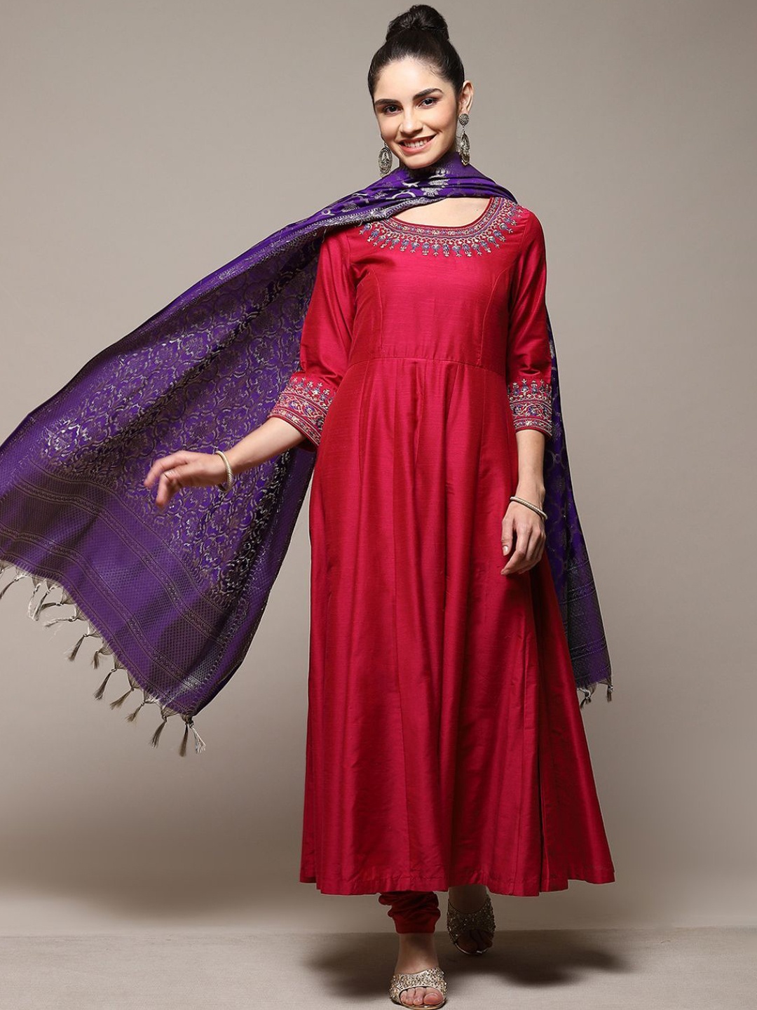 

Biba Women Empire Beads and Stones Kurta with Churidar & With Dupatta, Magenta