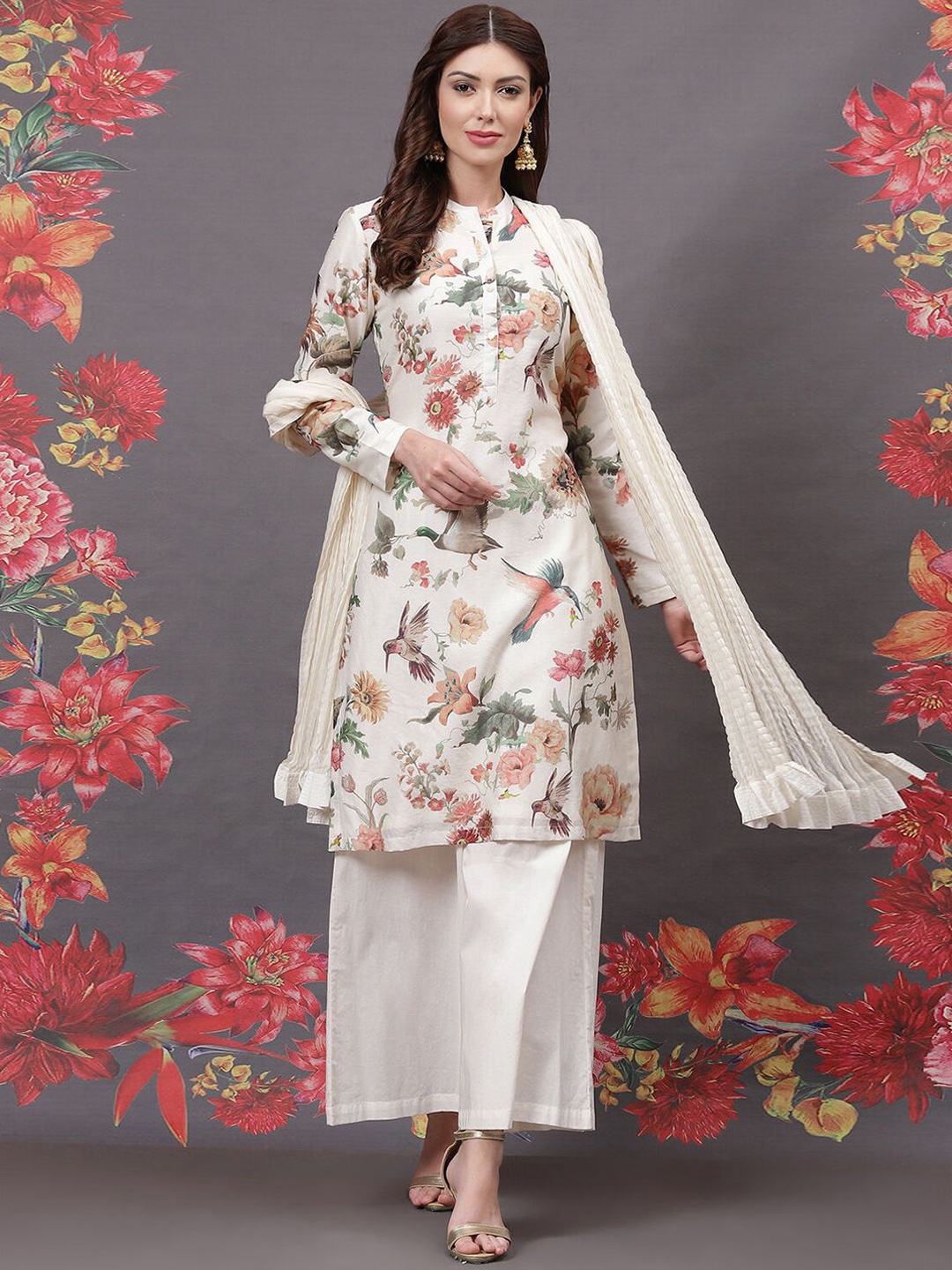 

Biba Women Floral Printed Regular Kurta with Palazzos & With Dupatta, Off white