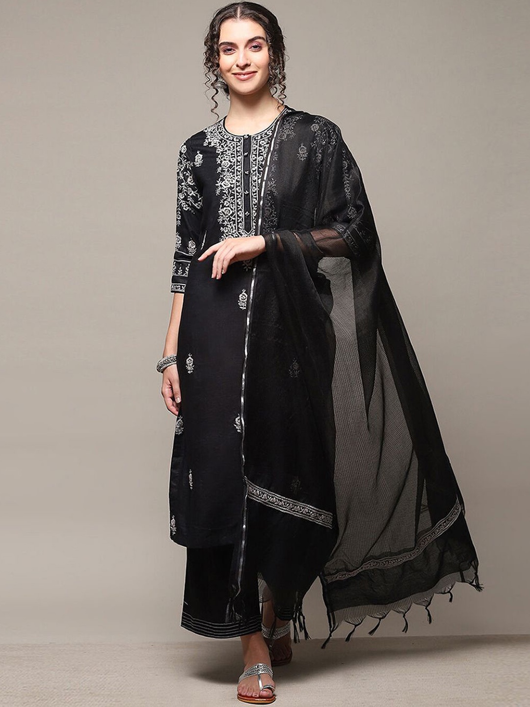 

Biba Women Ethnic Motifs Embroidered Regular Thread Work Pure Cotton Kurta with Palazzos & With Dupatta, Black