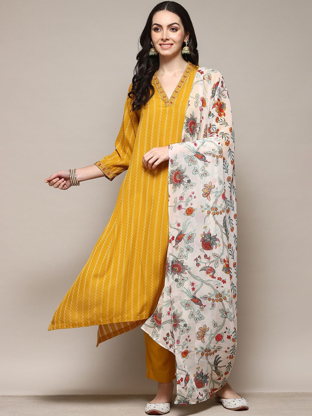 

Biba Women Striped Regular Kurta with Trousers & With Dupatta, Yellow