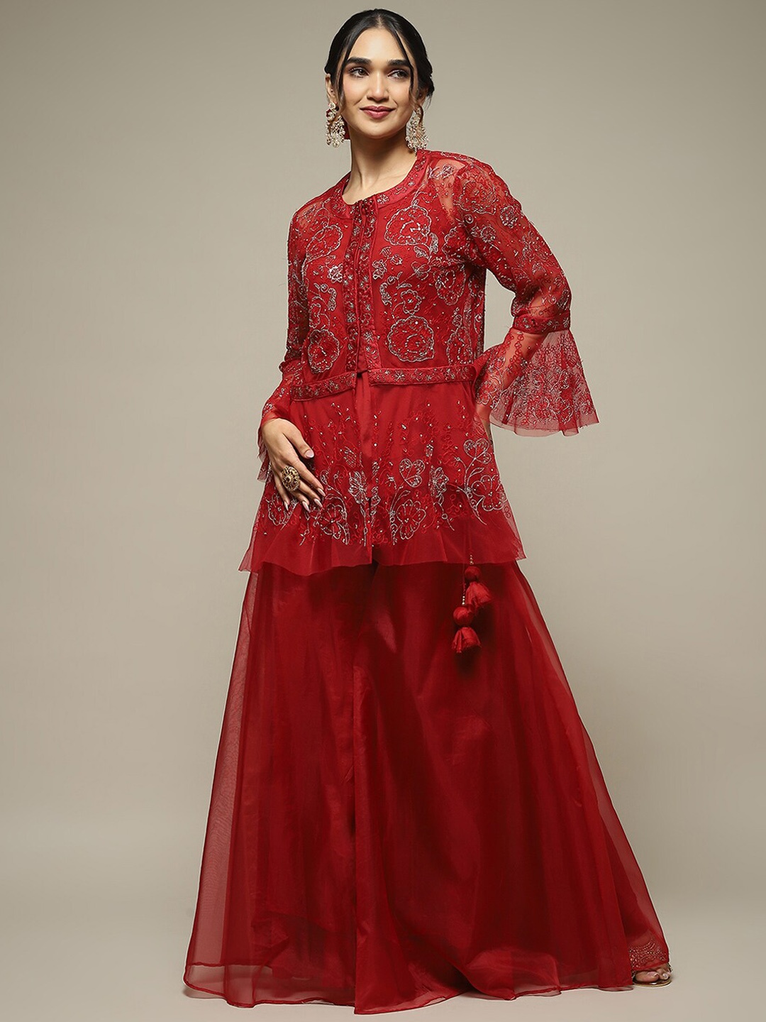 

Biba Women Floral Embroidered Regular Thread Work Kurti with Skirt, Red