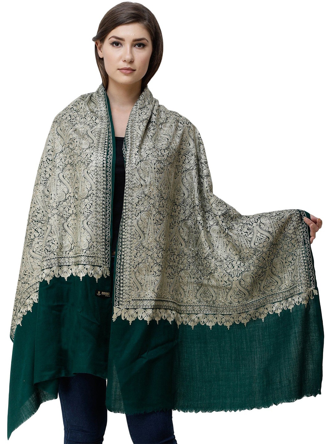 

Exotic India Pure Wool Aari Embroidered Pure Wool Stole, Green