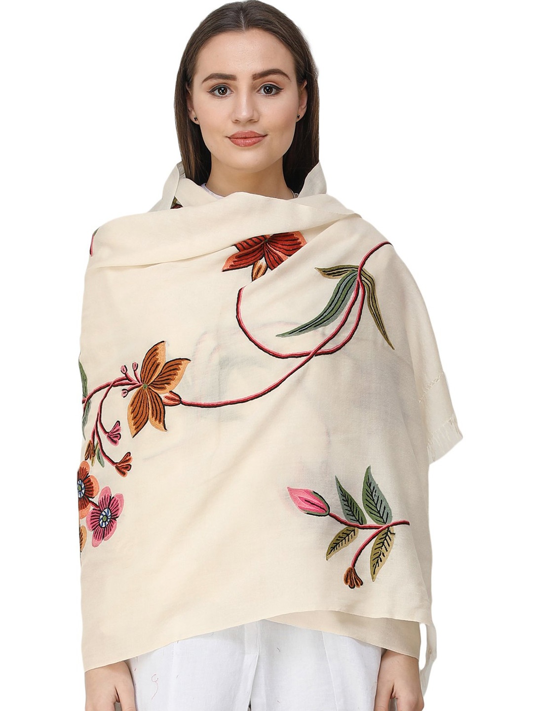 

Exotic India Cream Hand-Embroidered Multicolor Flowers and Vines Kashmiri Stole