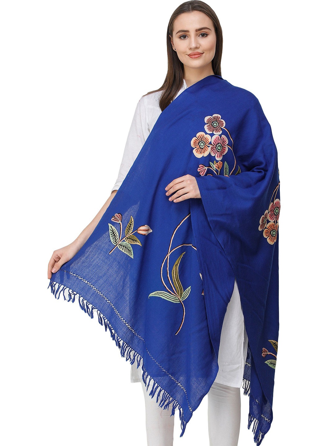 

Exotic India Dazzling Blue Hand-Embroidered Multicolor Flowers and Vine Kashmiri Stole