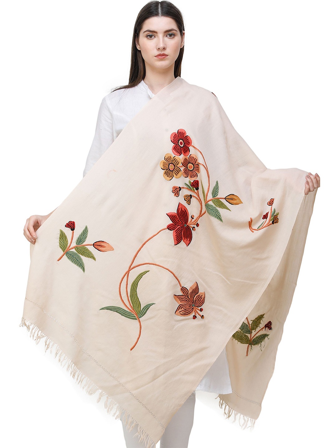 

Exotic India Ivory Hand-Embroidered Multicolor Flowers and Vines Kashmiri Stole, Off white