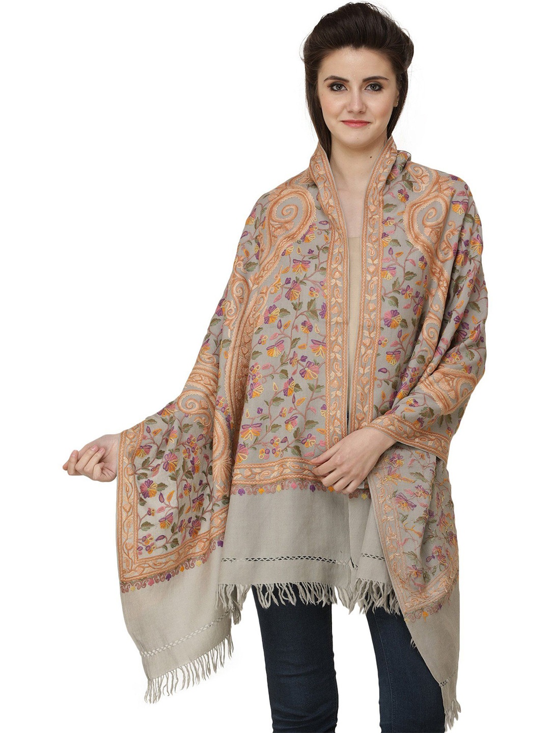 

Exotic India London Fog Wool Kashmiri Stole with Aari Hand-Embroidered Giant Paisley, Off white