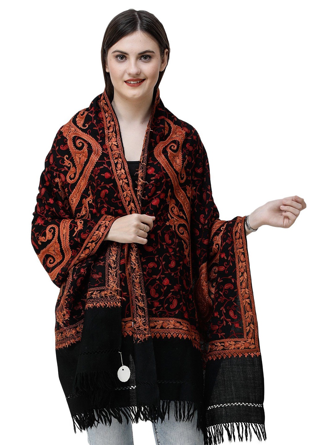 

Exotic India Pirate Black Wool Kashmiri Stole with Aari Hand-Embroidered Giant Paisley