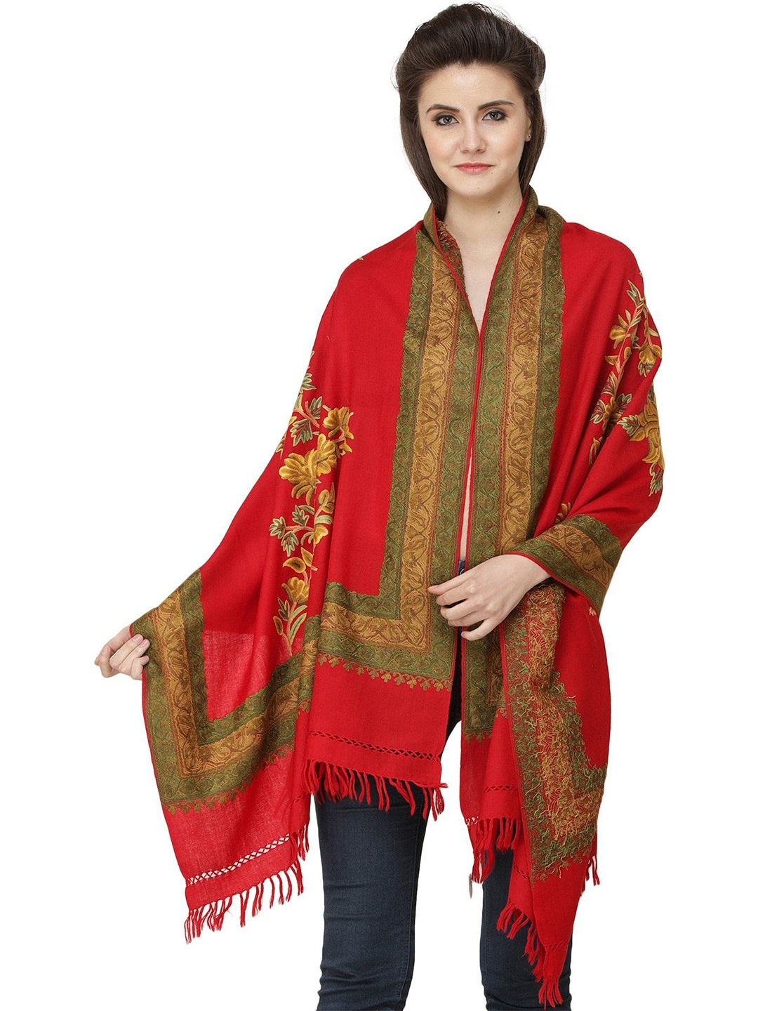 

Exotic India Bittersweet Kashmiri Stole with Aari Hand-Embroidered Flowers and Border, Red