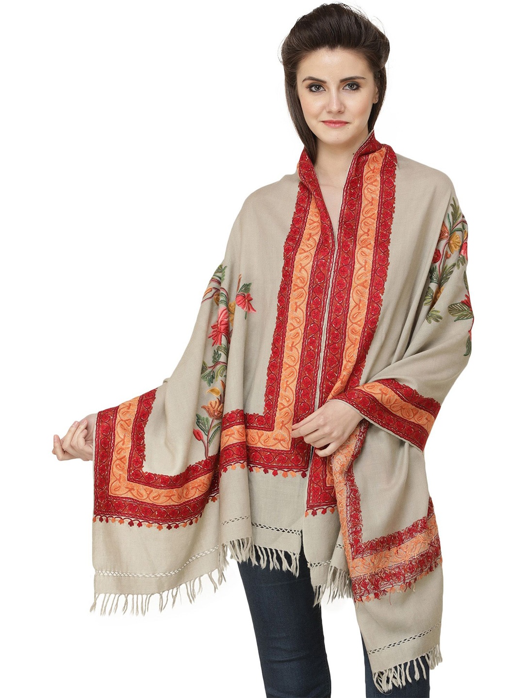 

Exotic India Silver Lining Kashmiri Stole with Aari Hand-Embroidered Flowers and Border, Off white