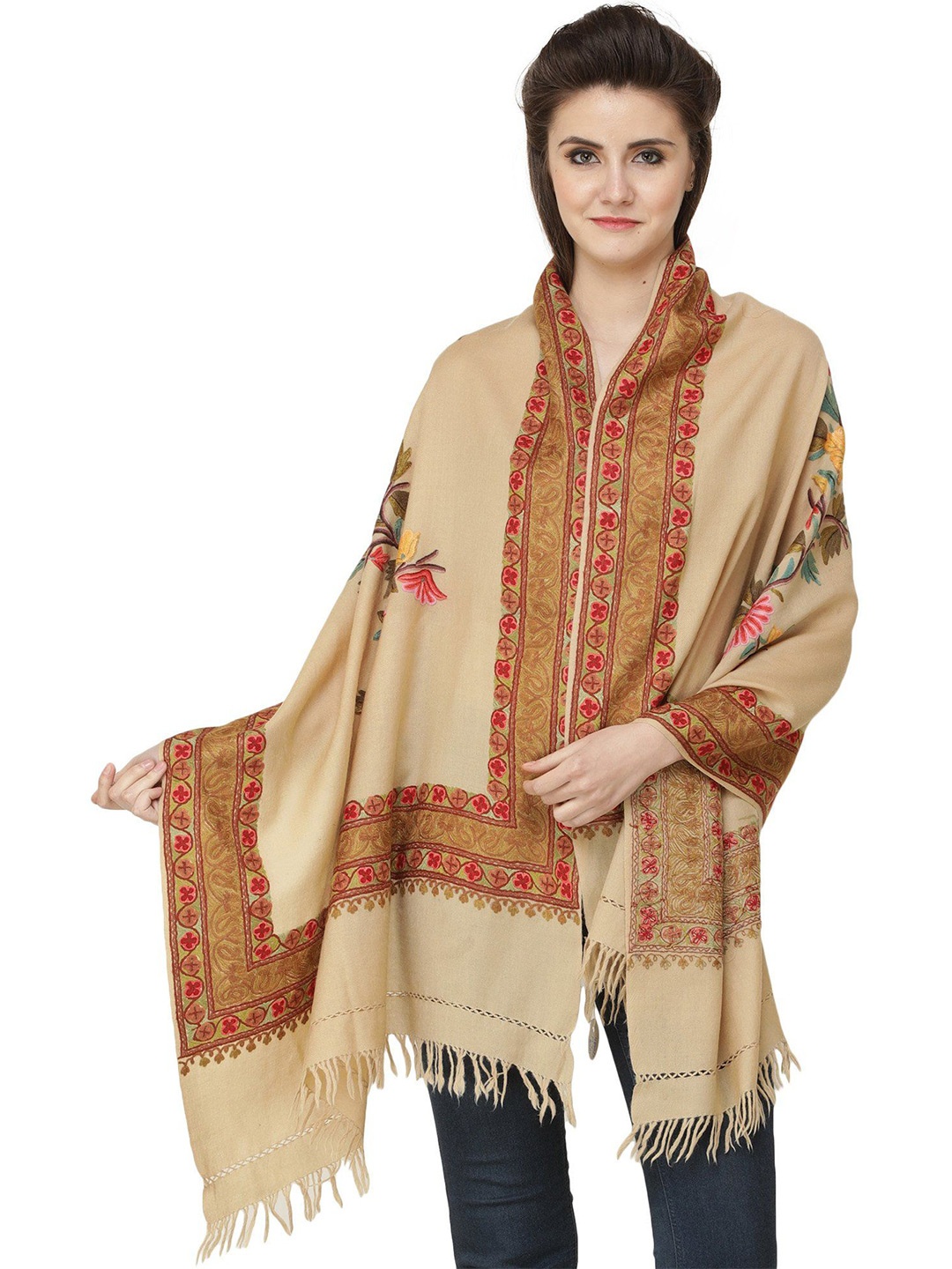 

Exotic India Pebble Kashmiri Stole with Aari Hand-Embroidered Flowers and Border, Beige