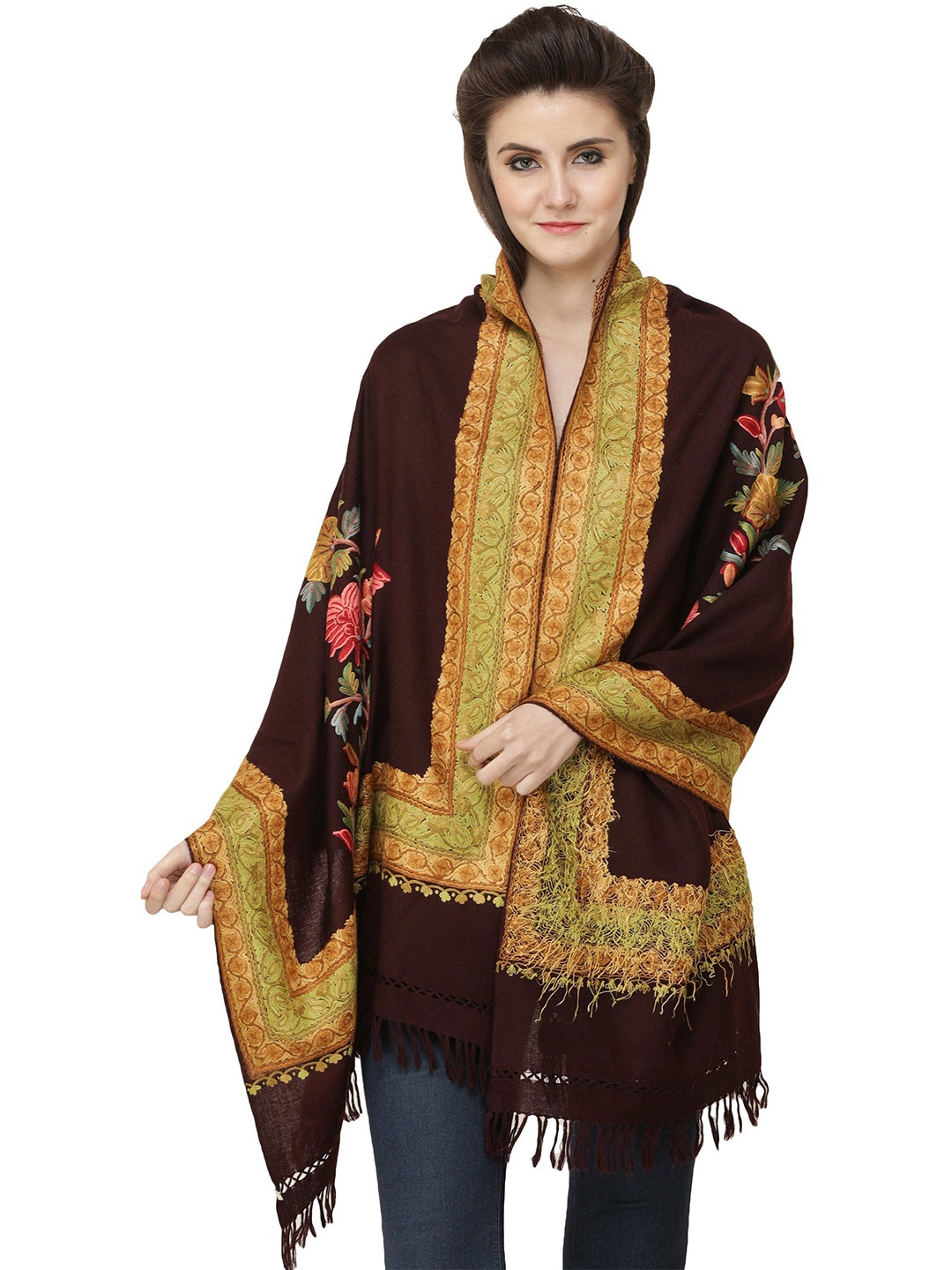 

Exotic India Embroidered Woolen Stole, Coffee brown