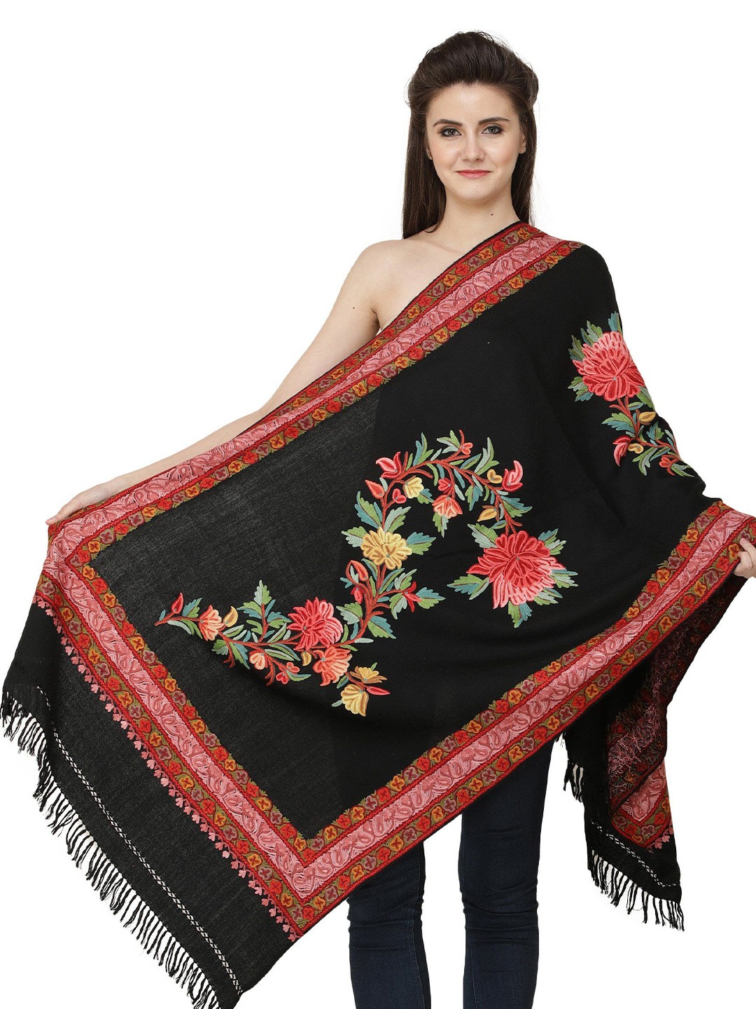 

Exotic India Woolen Stole with Aari Hand-Embroidered Flowers and Border, Black