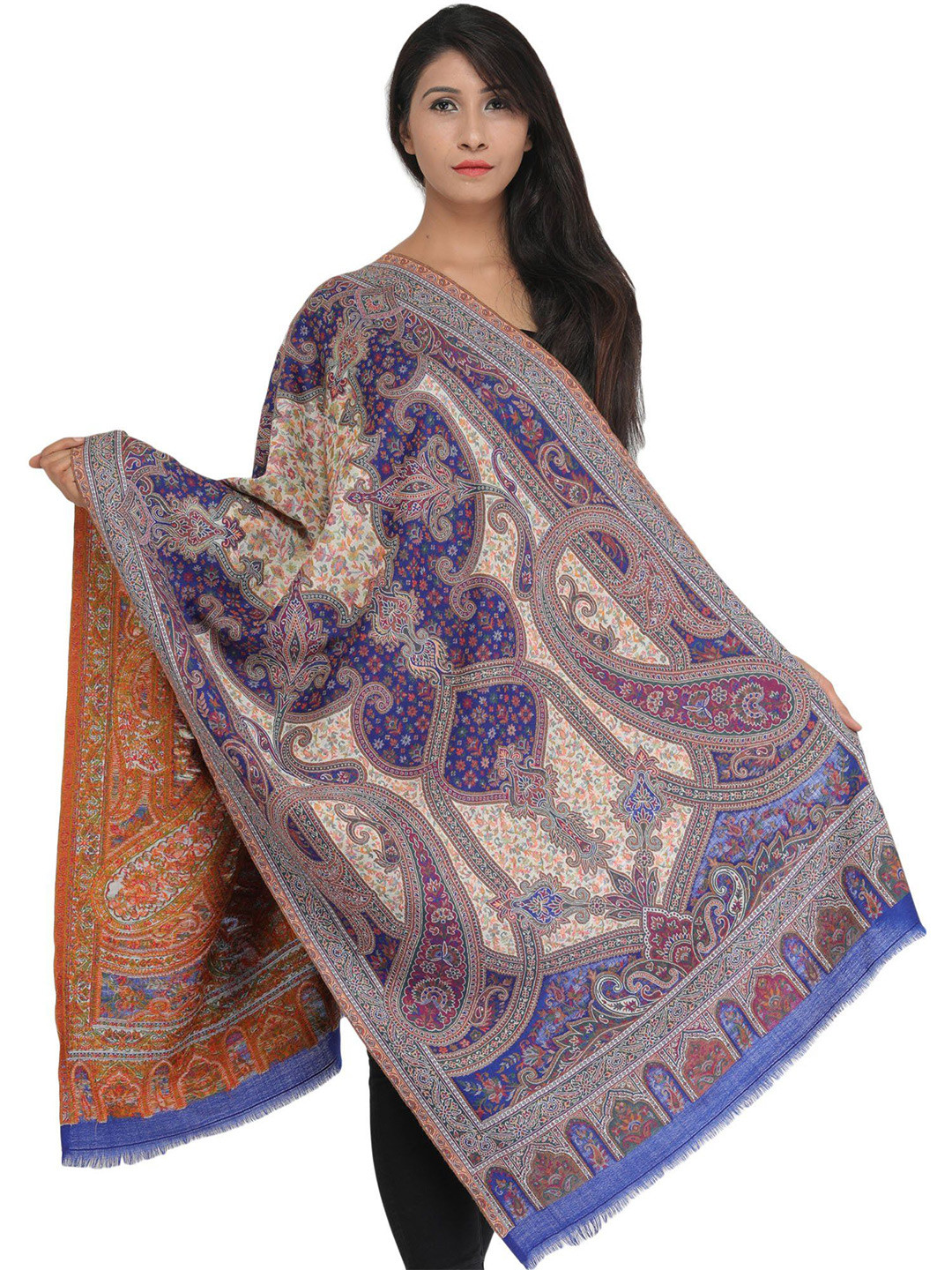 

Exotic India Marzipan Blue Woven Florals and Paisleys Kani Jamawar Stole