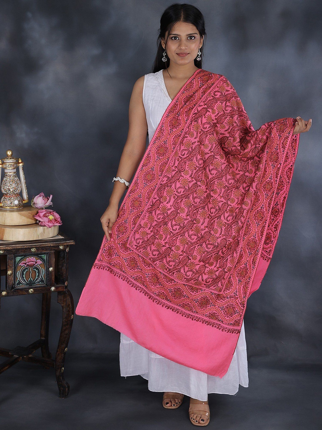 

Exotic India Pink Lemonade Sozni Embroidered Flowers Pure Wool Kashmiri Tusha Stole