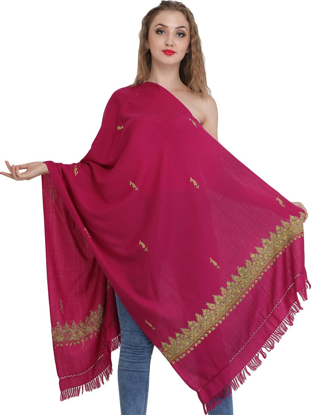 

Exotic India Vivacious Pink Kashmiri Stole with Aari Hand-Embroidered Paiselys on Border