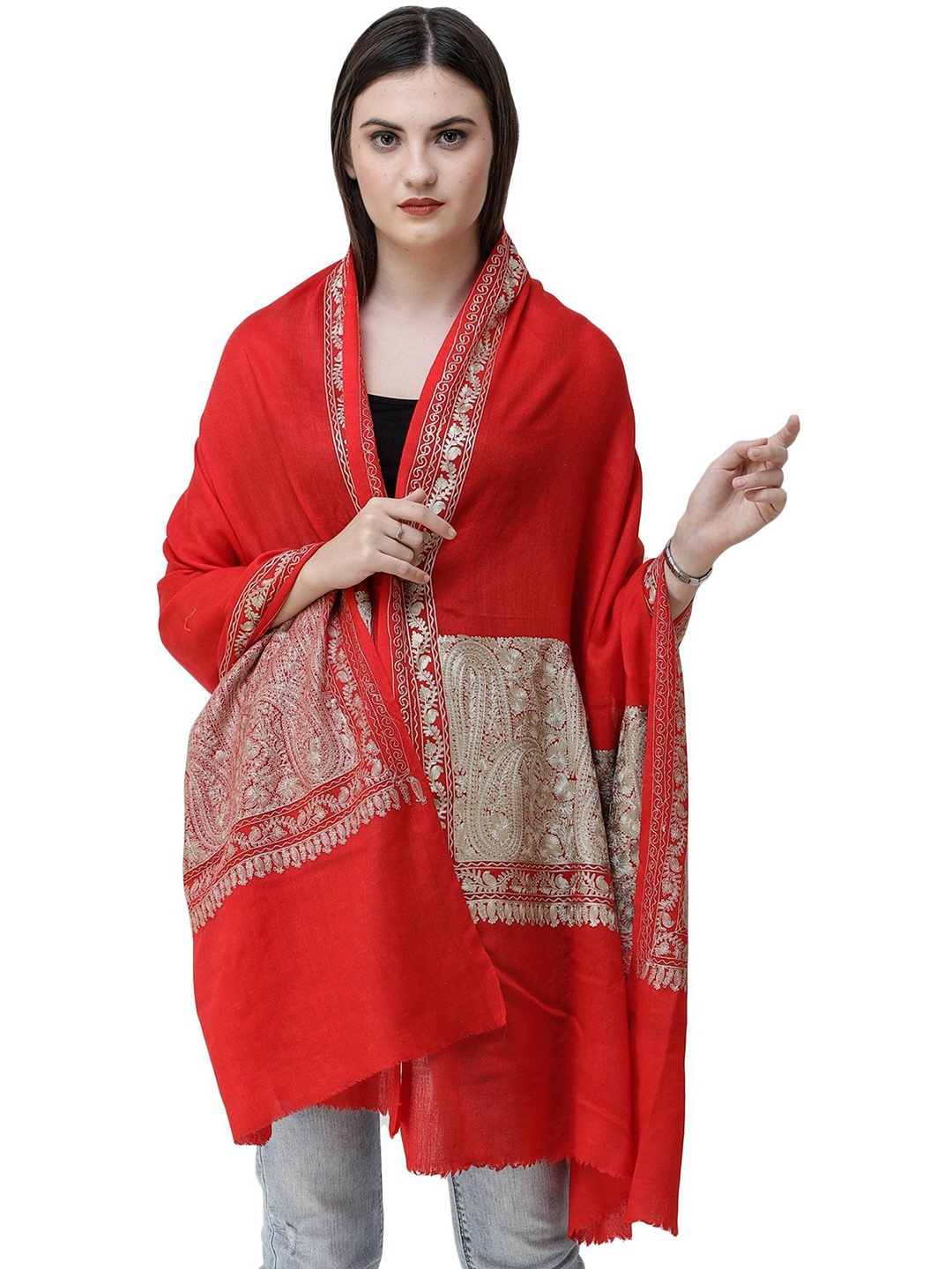 

Exotic India Rococo Red Pure Wool Stole with Aari-Embroidered Paisleys on Border