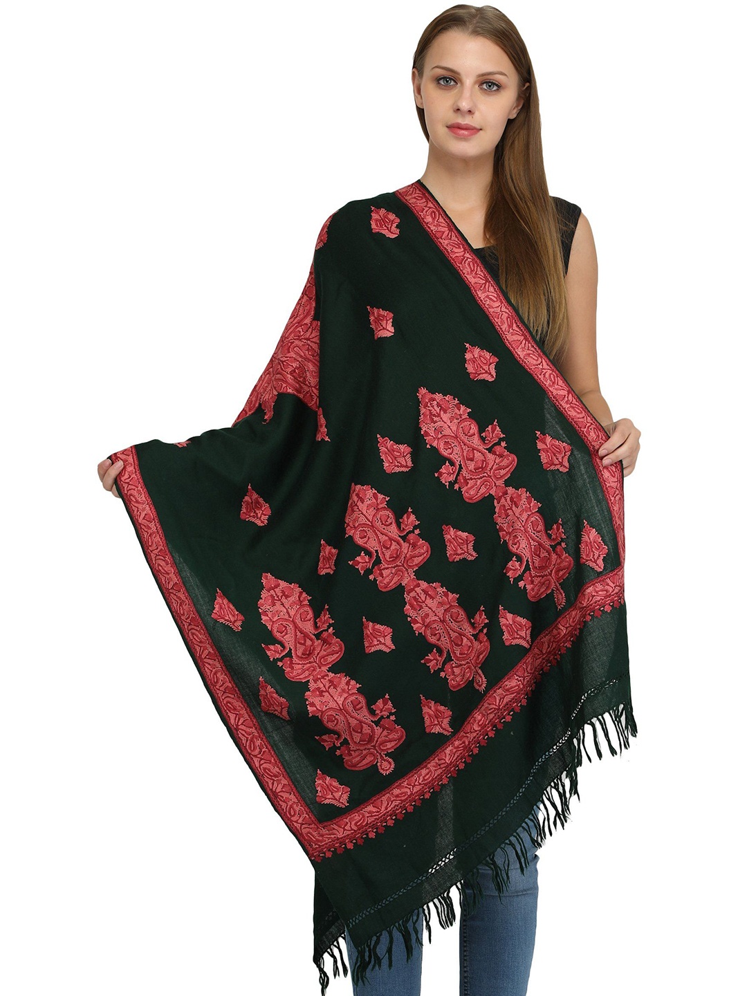 

Exotic India Hand-Embroidered Giant Motifs Pure Wool Kashmiri Stole, Green